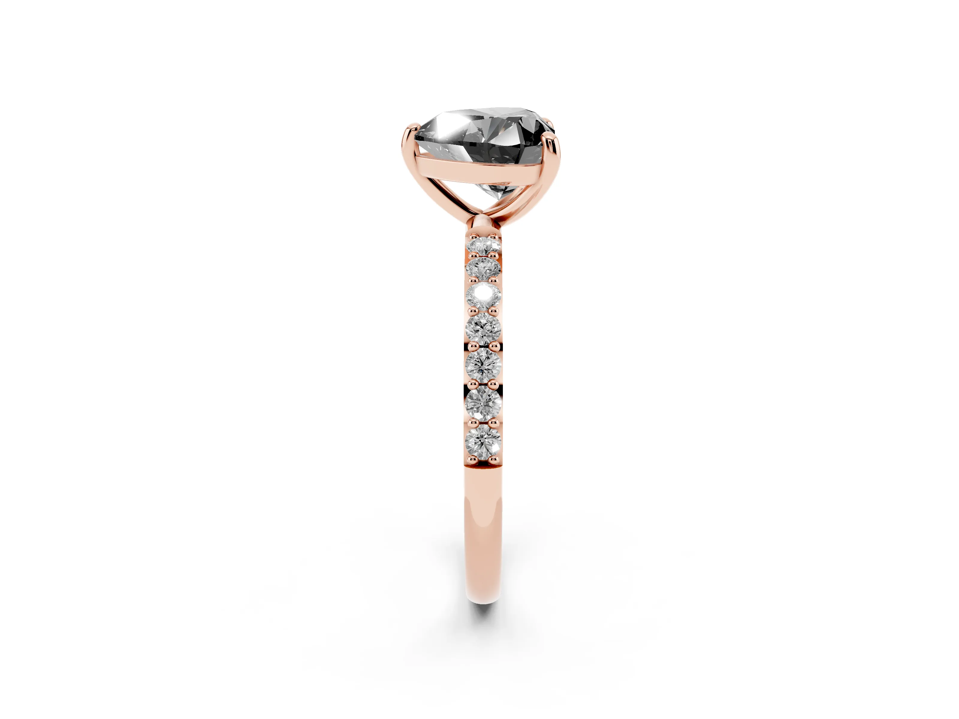 Fancy Black Heart Cut Diamond Solitaire Ring Set in Rose gold with Round Pavé Band and Prong Setting