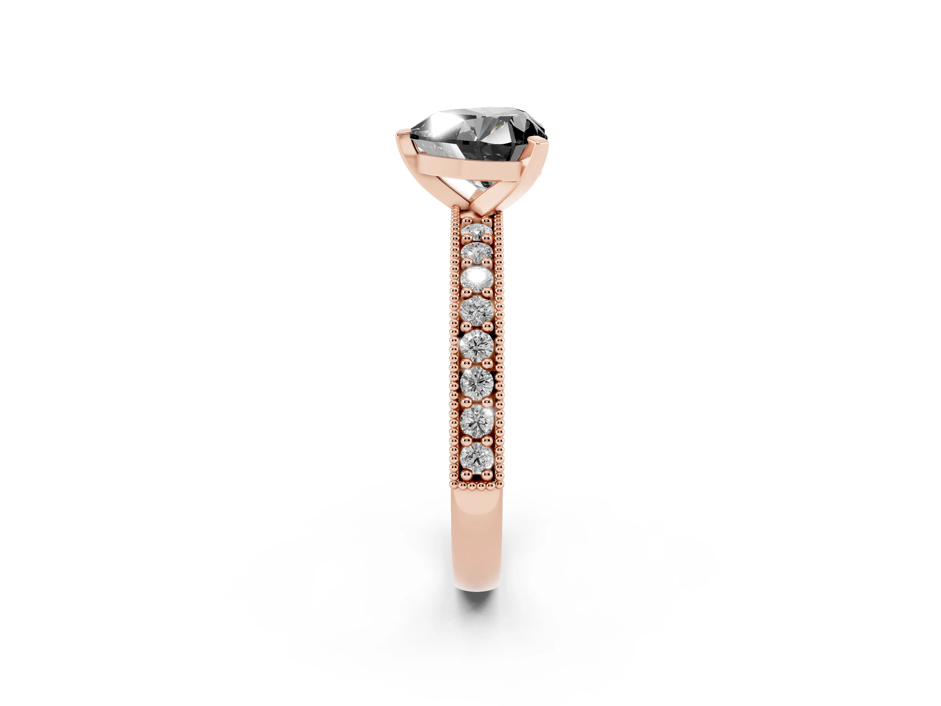 Fancy Black Heart Cut Diamond Milgrain Pavé Engagement Ring Set in Rose gold with Prong Setting