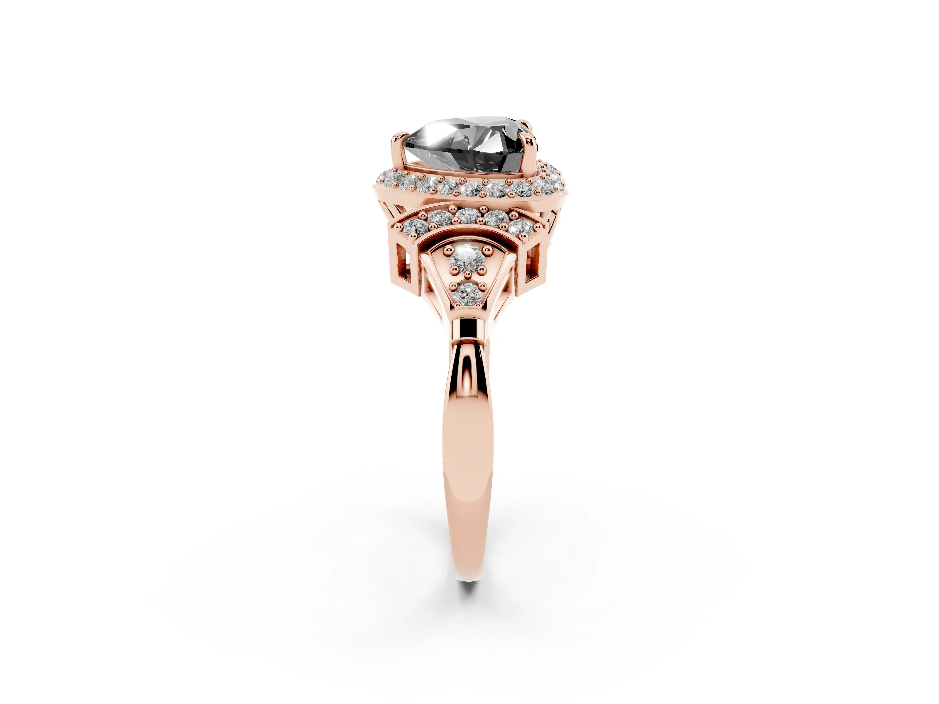 Fancy Black Heart Cut Diamond Halo Engagement Ring Set in Rose gold with Accent Stone Split Shank