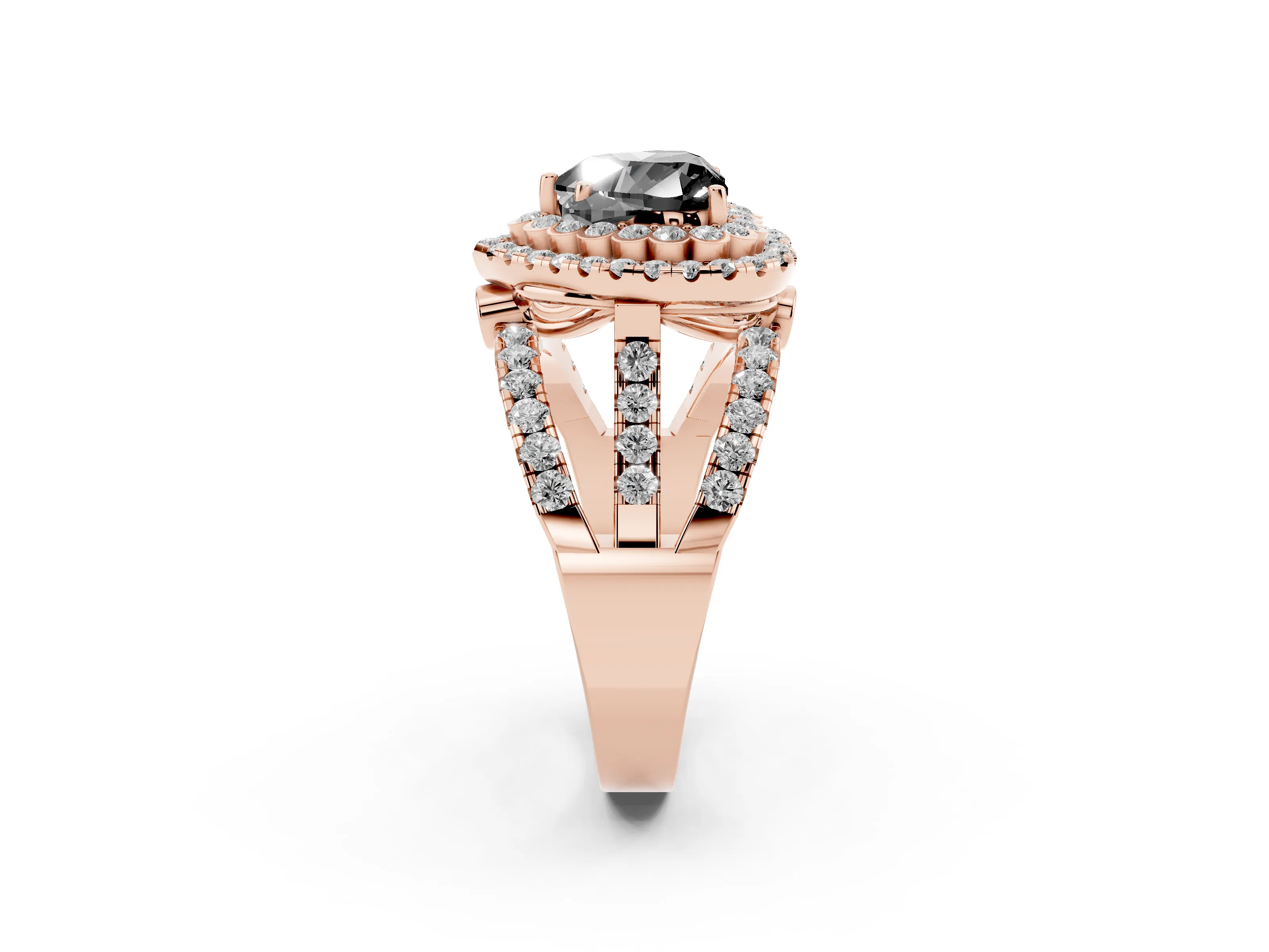 Fancy Black Heart Cut Diamond Double Halo Ring Set in Rose gold with Round Pavé Split Shank
