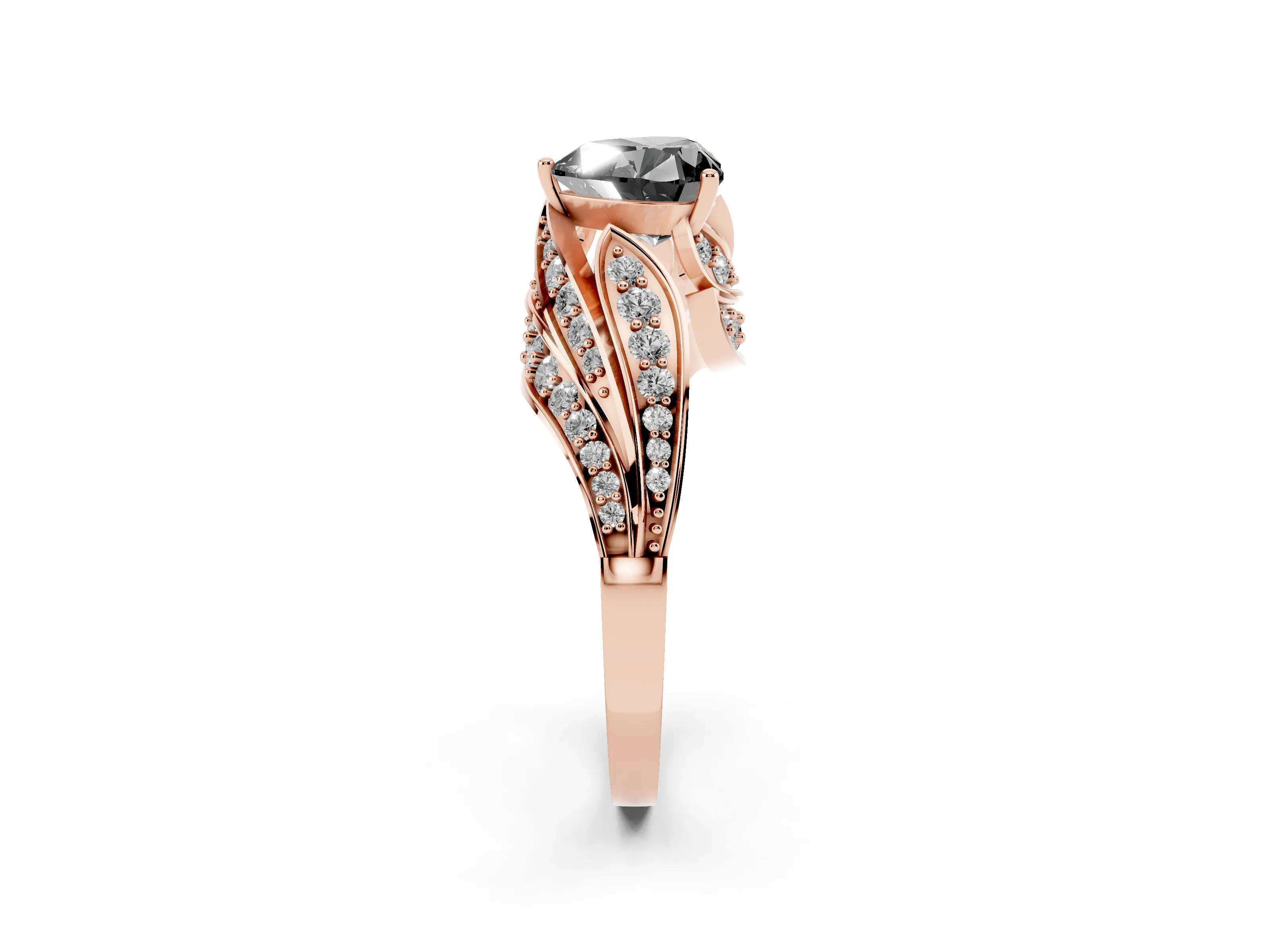 Fancy Black Heart Cut Diamond Solitaire Ring Set in Rose gold with Layered Twist Pavé Band