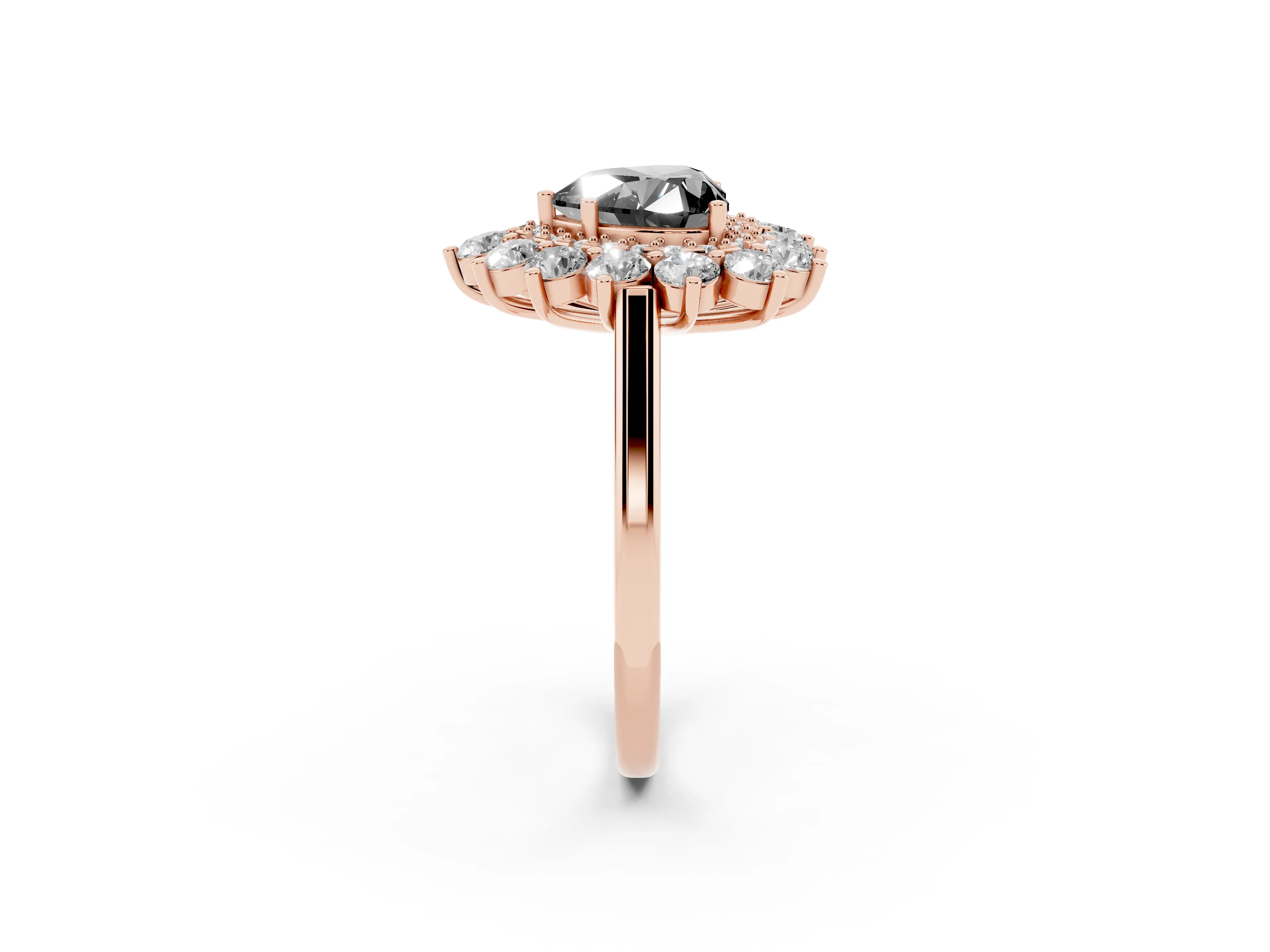 Fancy Black Heart Cut Diamond Floral Double Halo Ring Set in Rose gold with Round Petals