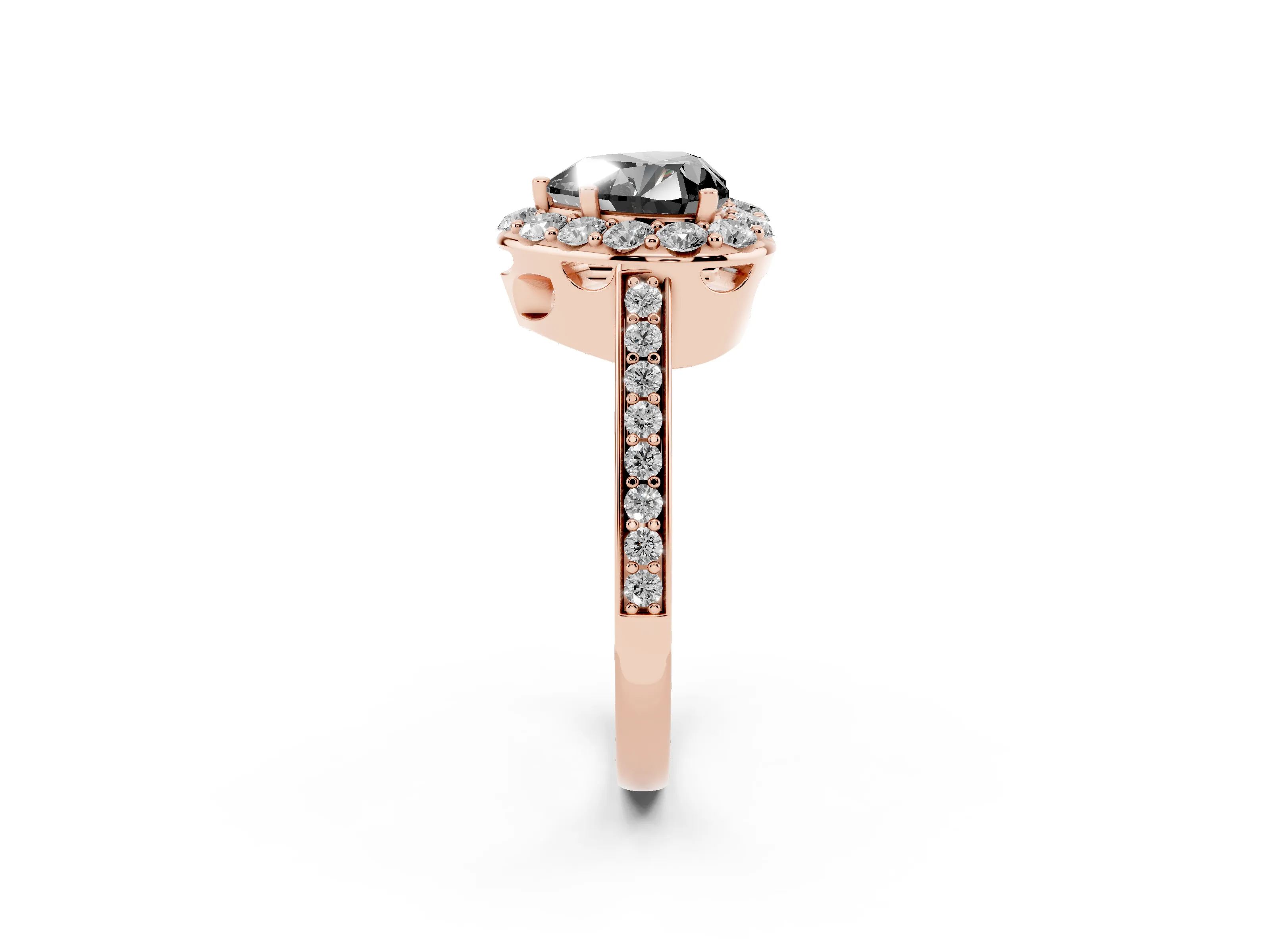 Fancy Black Heart Cut Diamond Floral Halo Ring Set in Rose gold with Pavé Band and Prong Setting