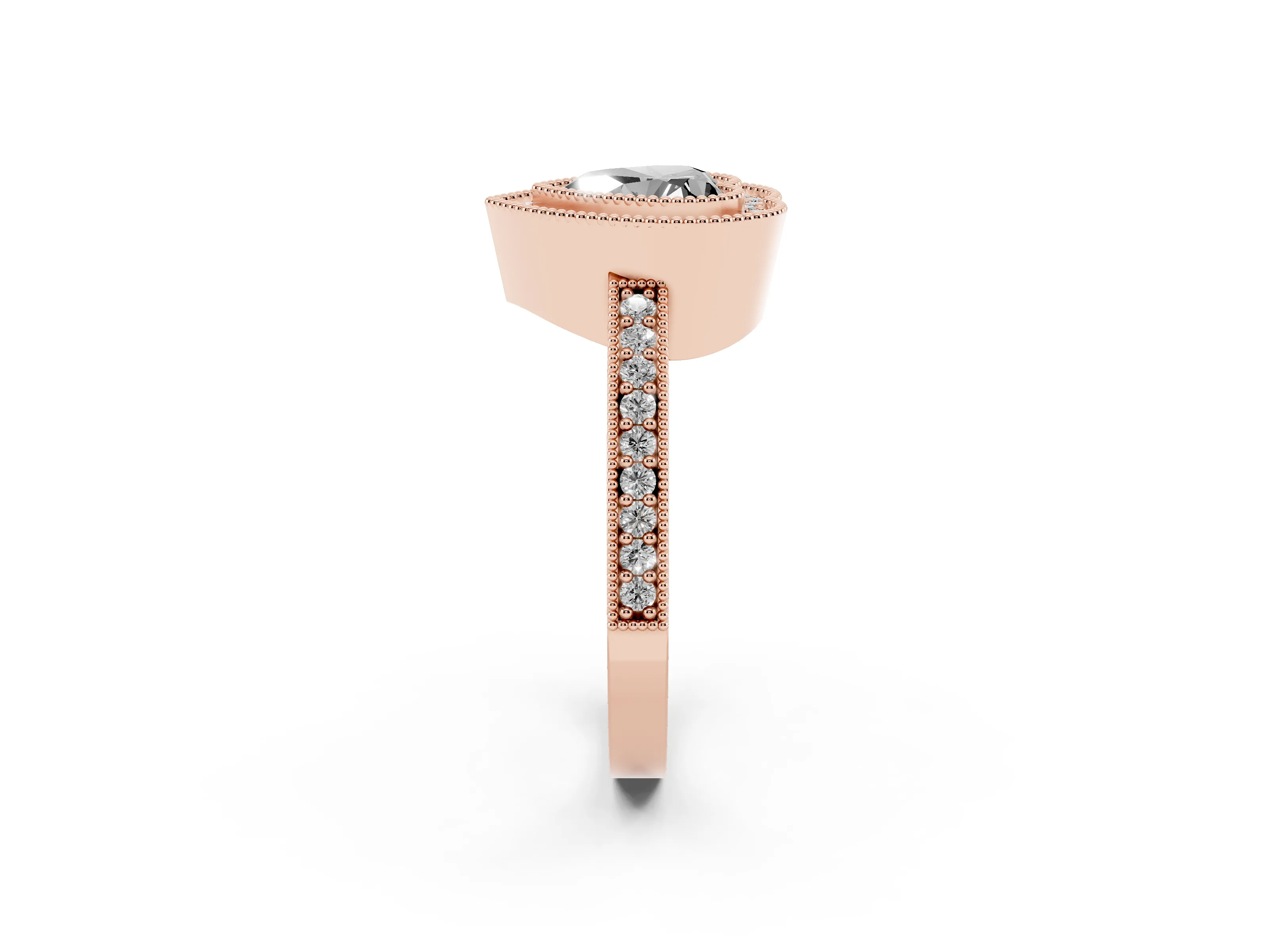 Fancy Black Heart Cut Diamond Halo Engagement Ring Set in Rose gold with Pavé Band and Round Halo Stones