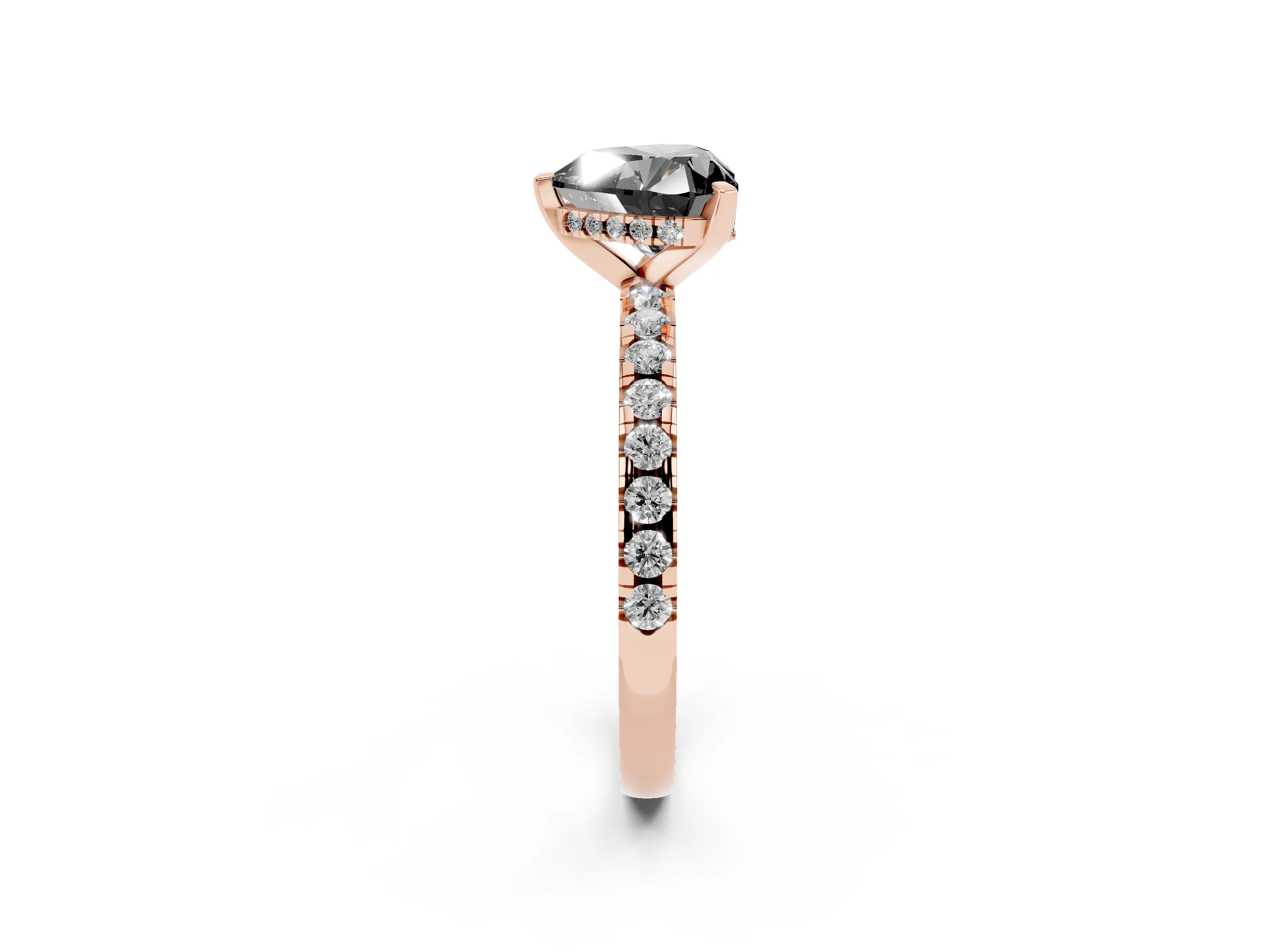 Fancy Black Heart Cut Diamond Pavé Solitaire Ring Set in Rose gold with Round Band Accents and Prong Setting