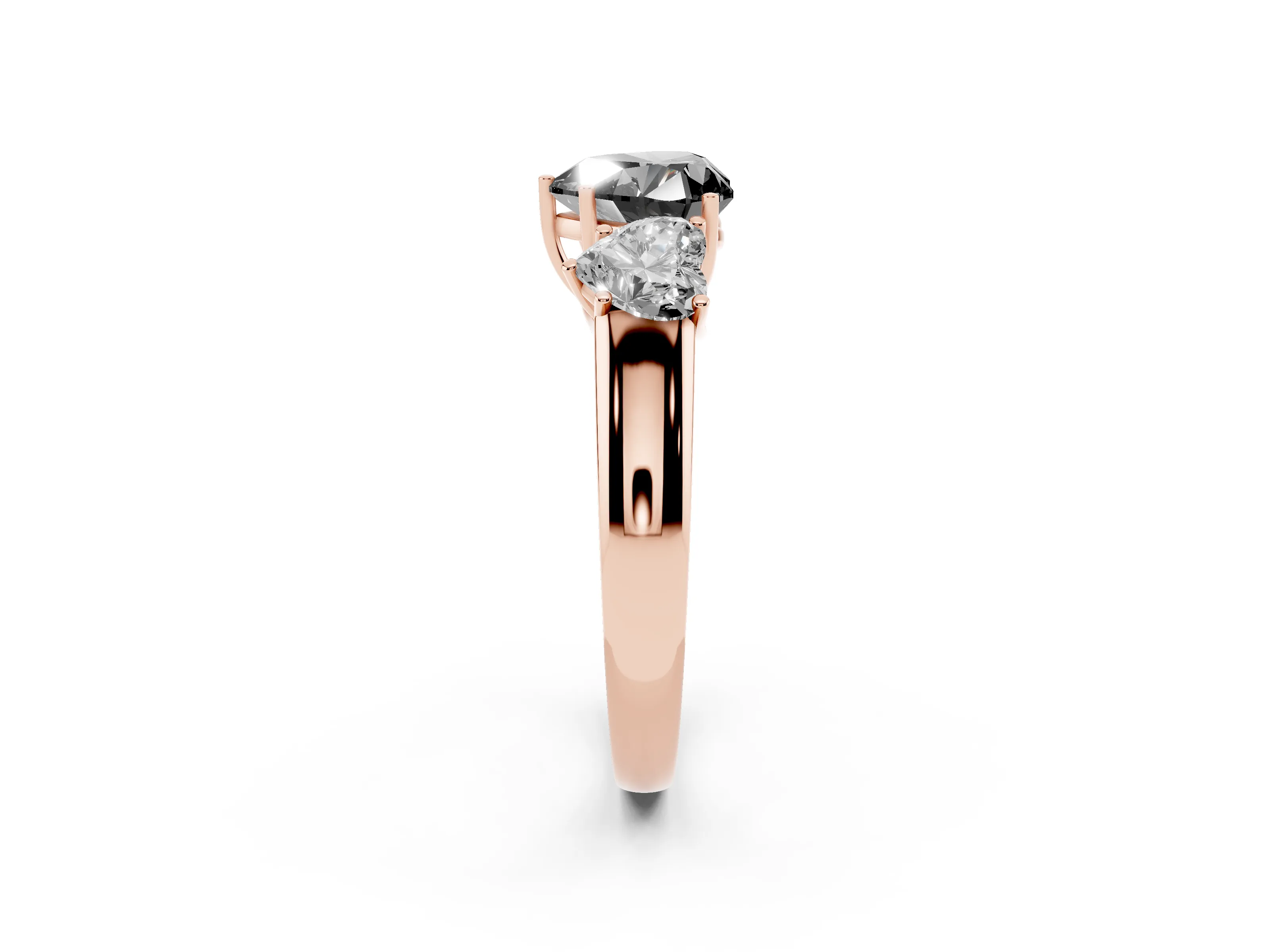Fancy Black Three-Stone Heart Cut Diamond Ring Set in Rose gold with Matching Prong Settings and Plain Band