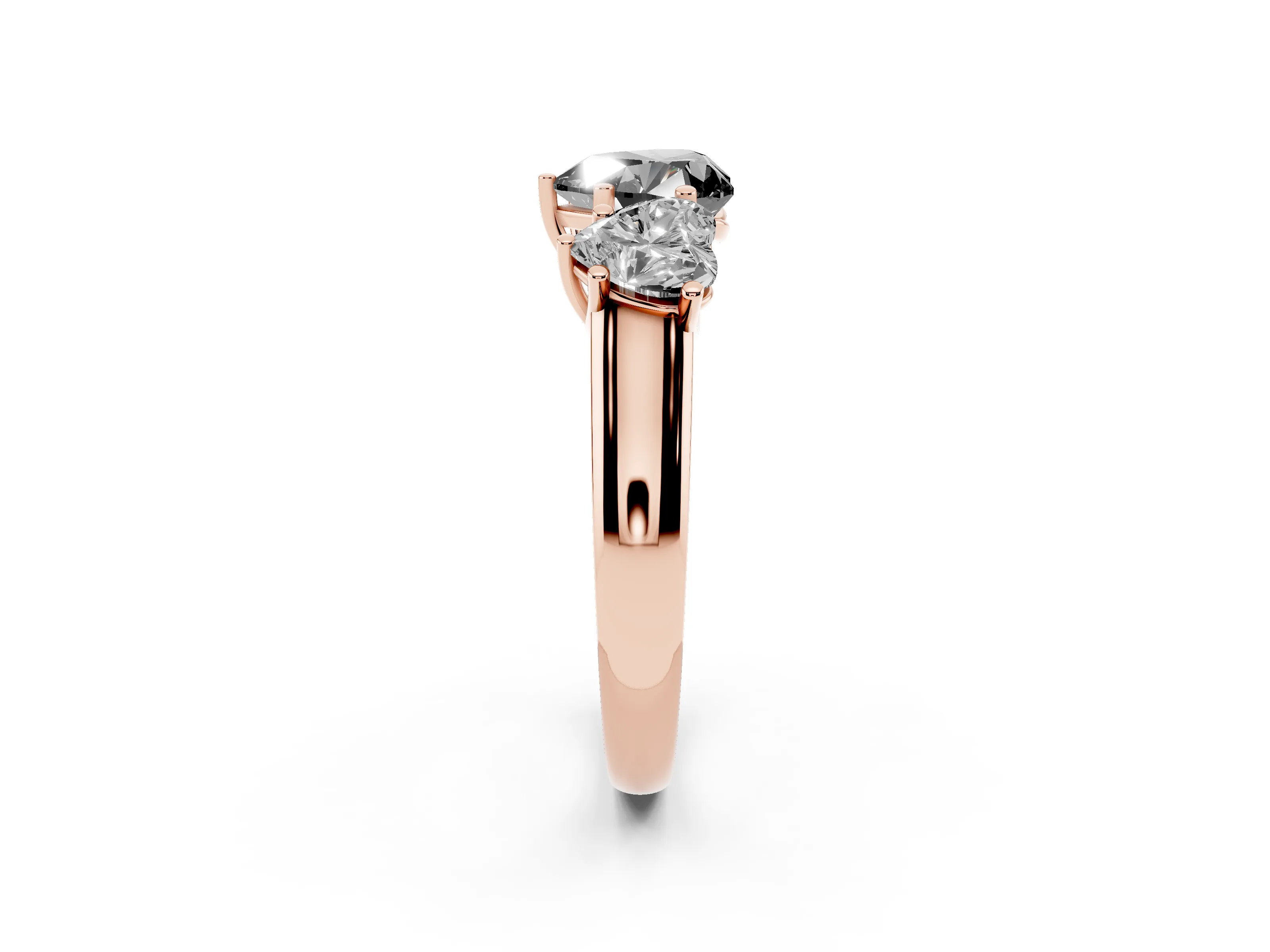 Fancy Black Heart Cut Diamond Three-Stone Ring Set in Rose gold with Plain Polished Band