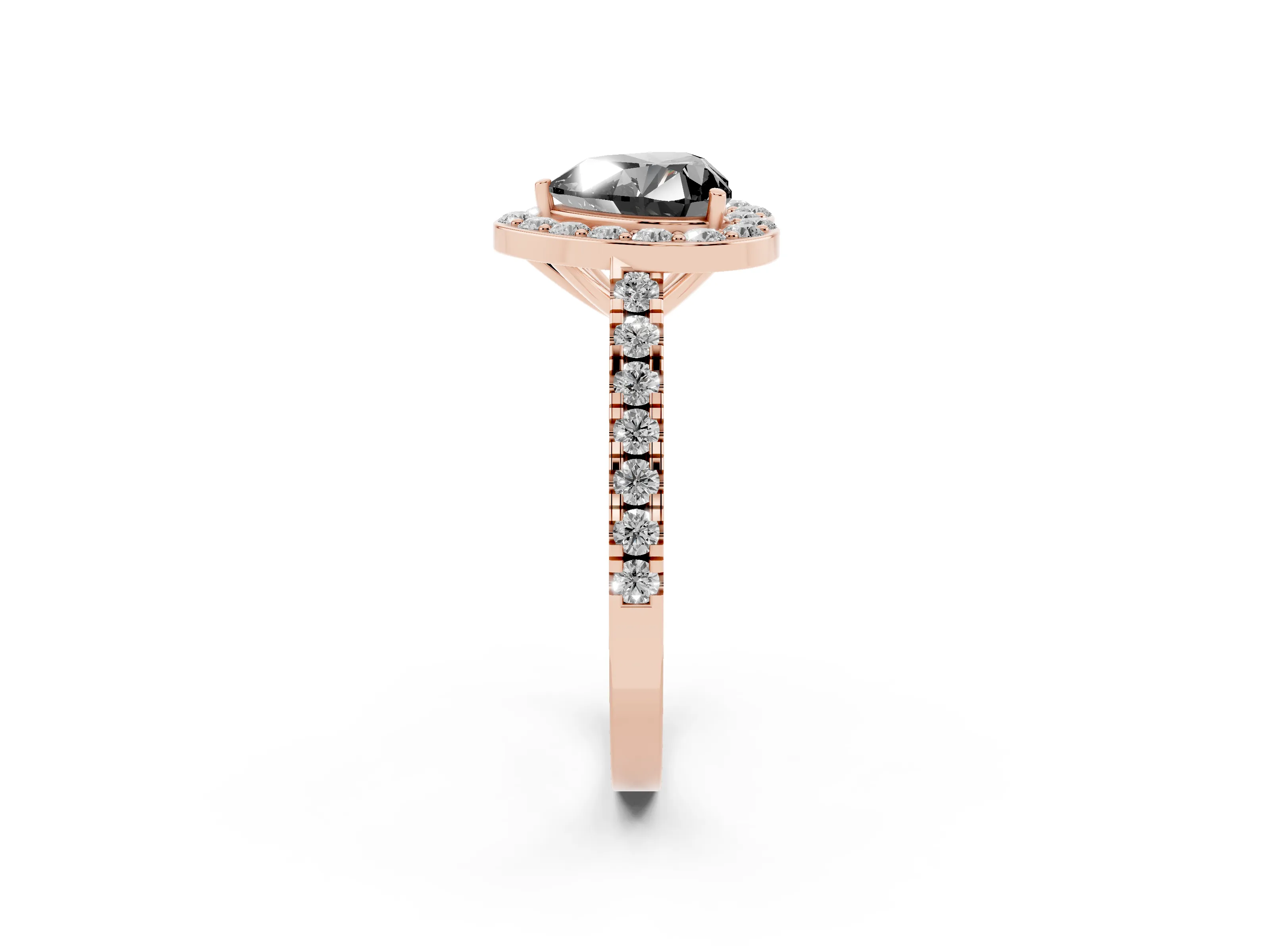 Fancy Black Heart Cut Diamond Halo Ring Set in Rose gold with Round Pavé Split Shank and Prong Setting