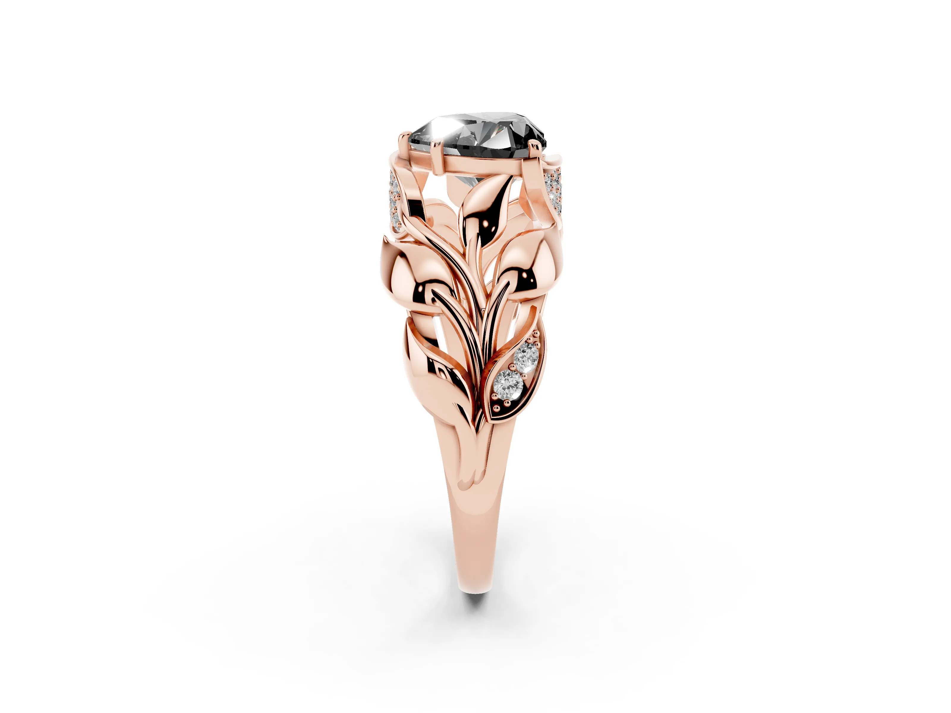 Fancy Black Heart Cut Diamond Leaf-Inspired Engagement Ring Set in Rose gold with Round Accents
