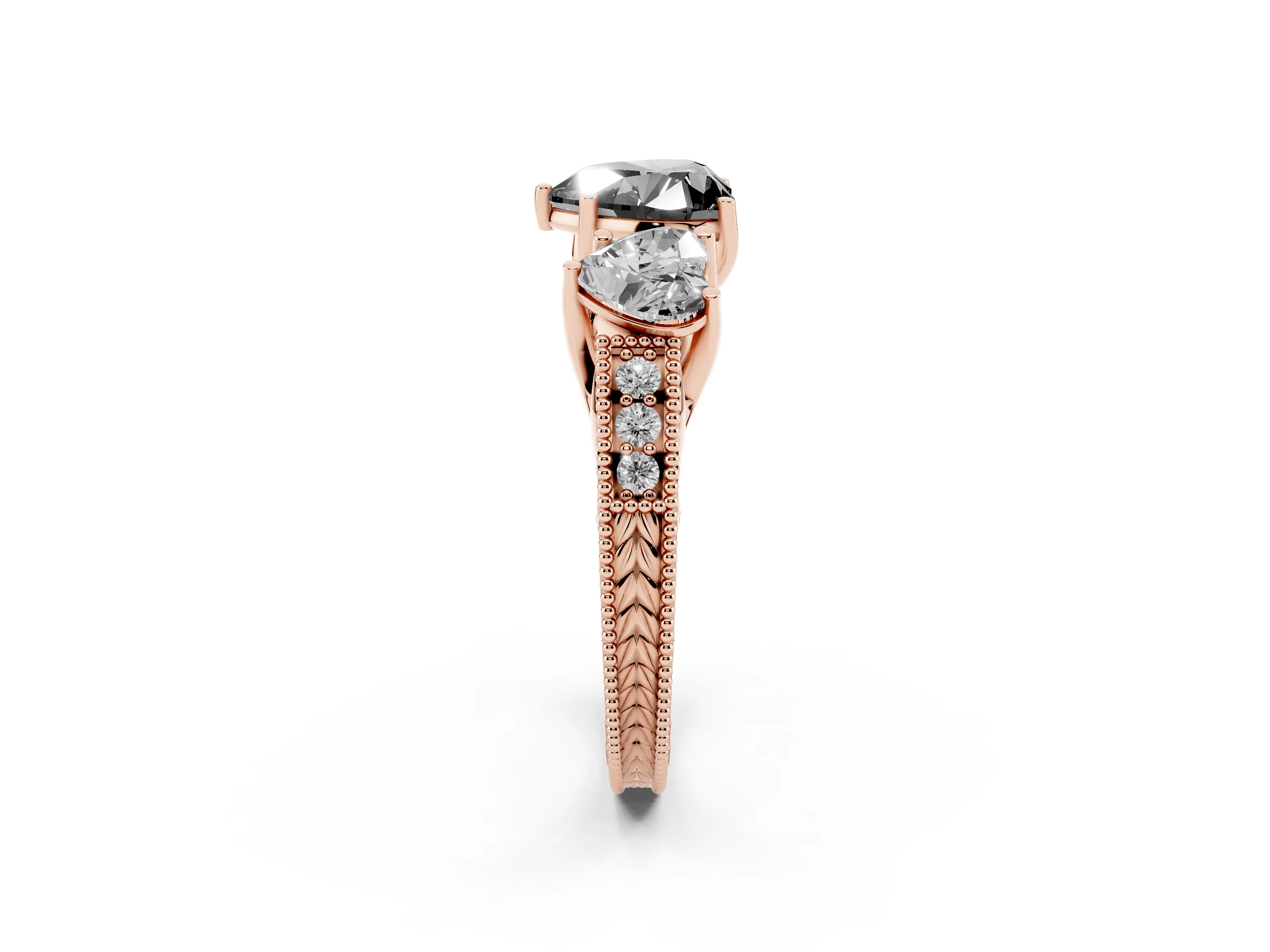 Fancy Black Heart Cut Diamond Three-Stone Engagement Ring Set in Rose gold with Milgrain Pavé Band