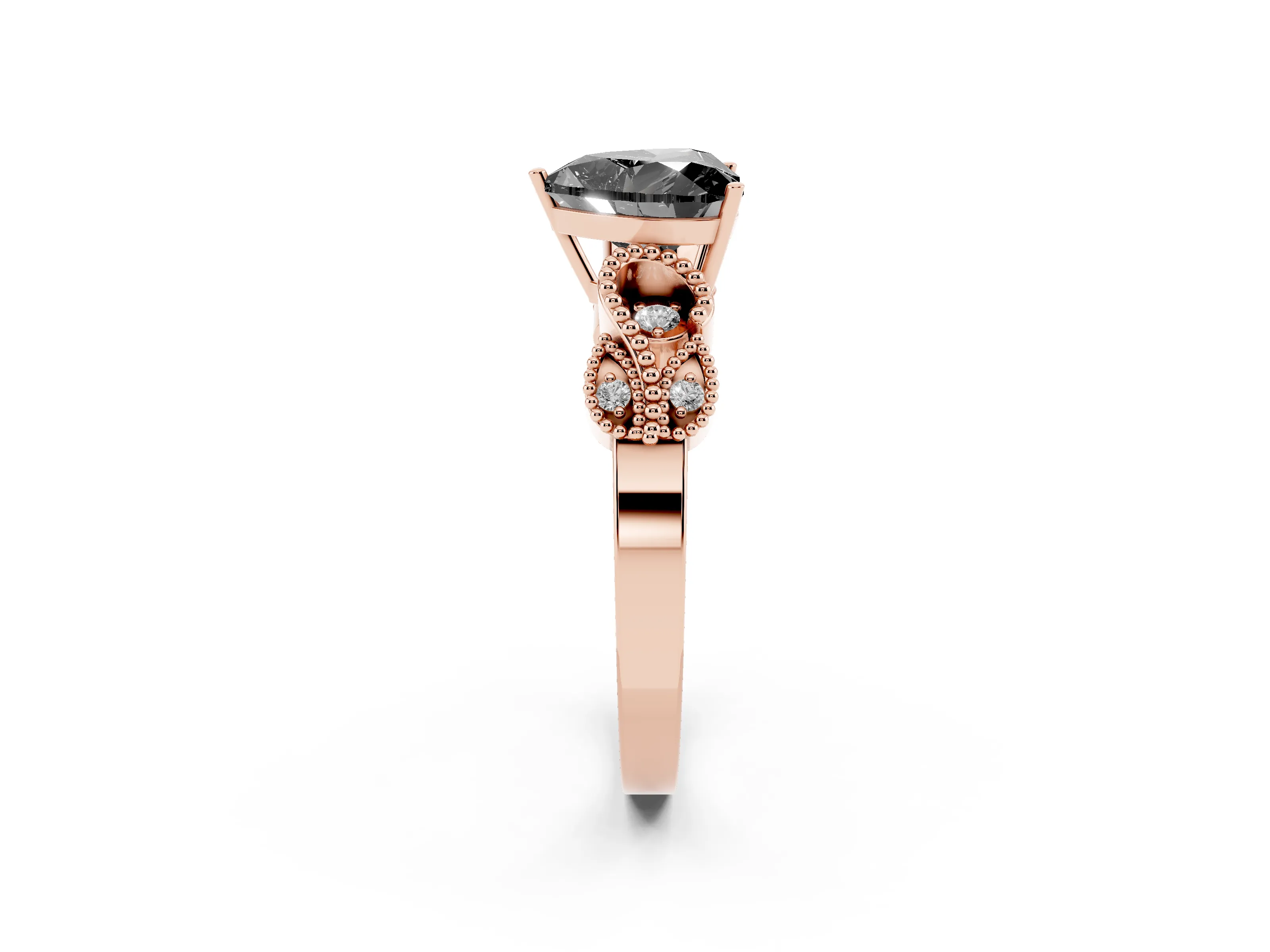 Fancy Black Heart Cut Diamond Milgrain Leaf Band Solitaire Ring Set in Rose gold with Accent Stones and Prong Setting