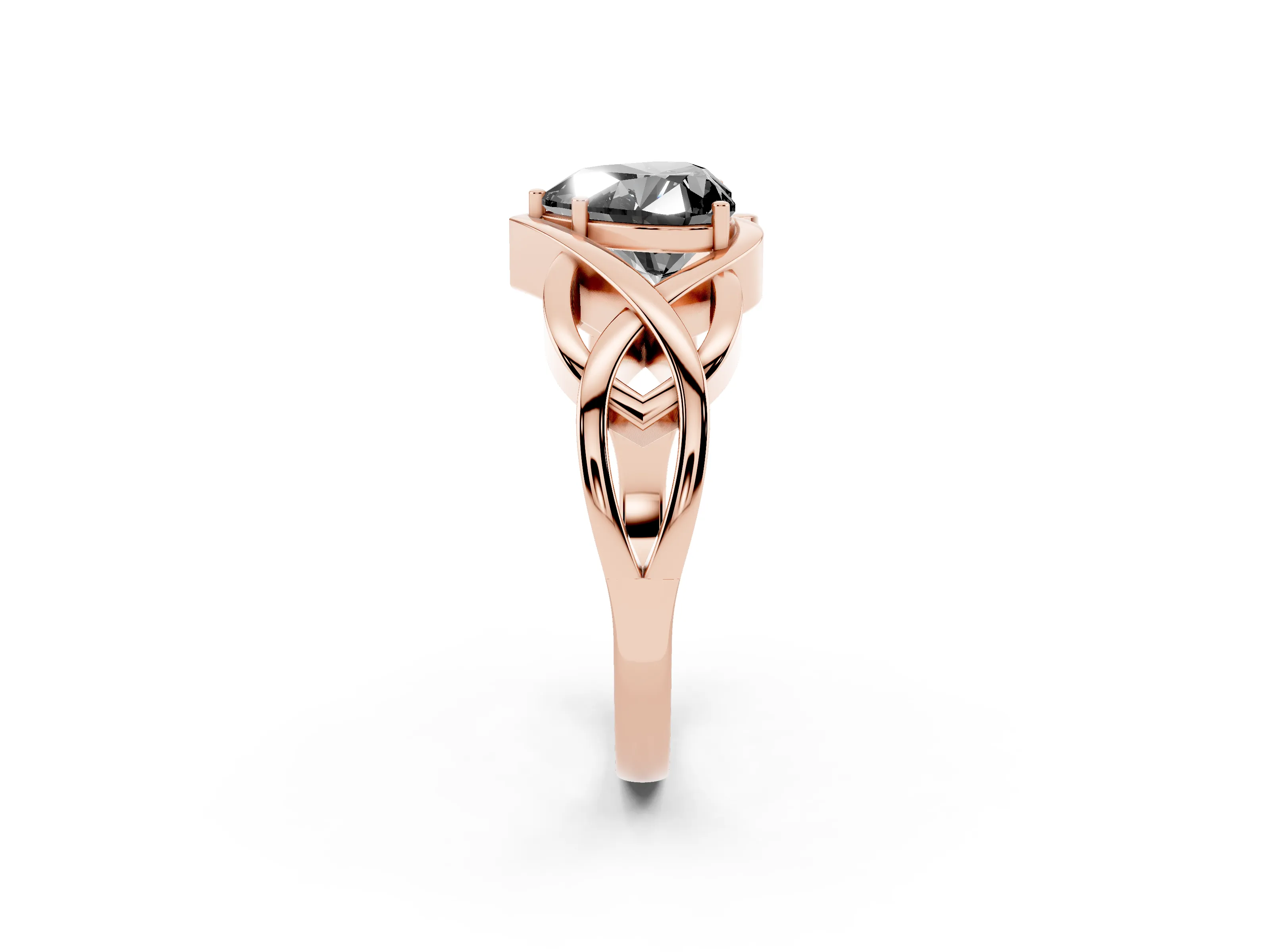 Fancy Black Heart Cut Diamond Solitaire Ring Set in Rose gold with Intertwined Band