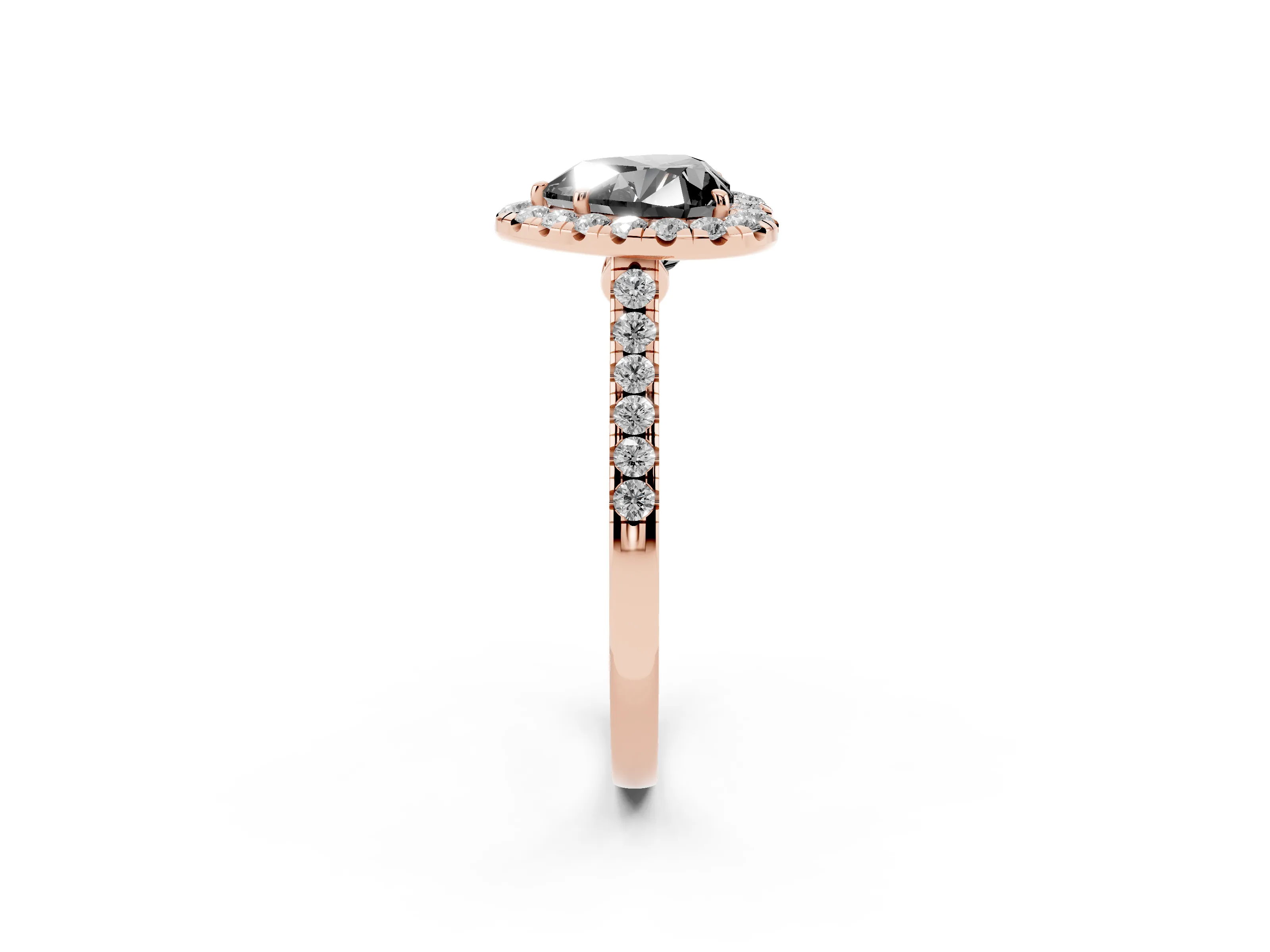 Fancy Black Heart Cut Diamond Halo Pavé Engagement Ring Set in Rose gold with Prong Setting