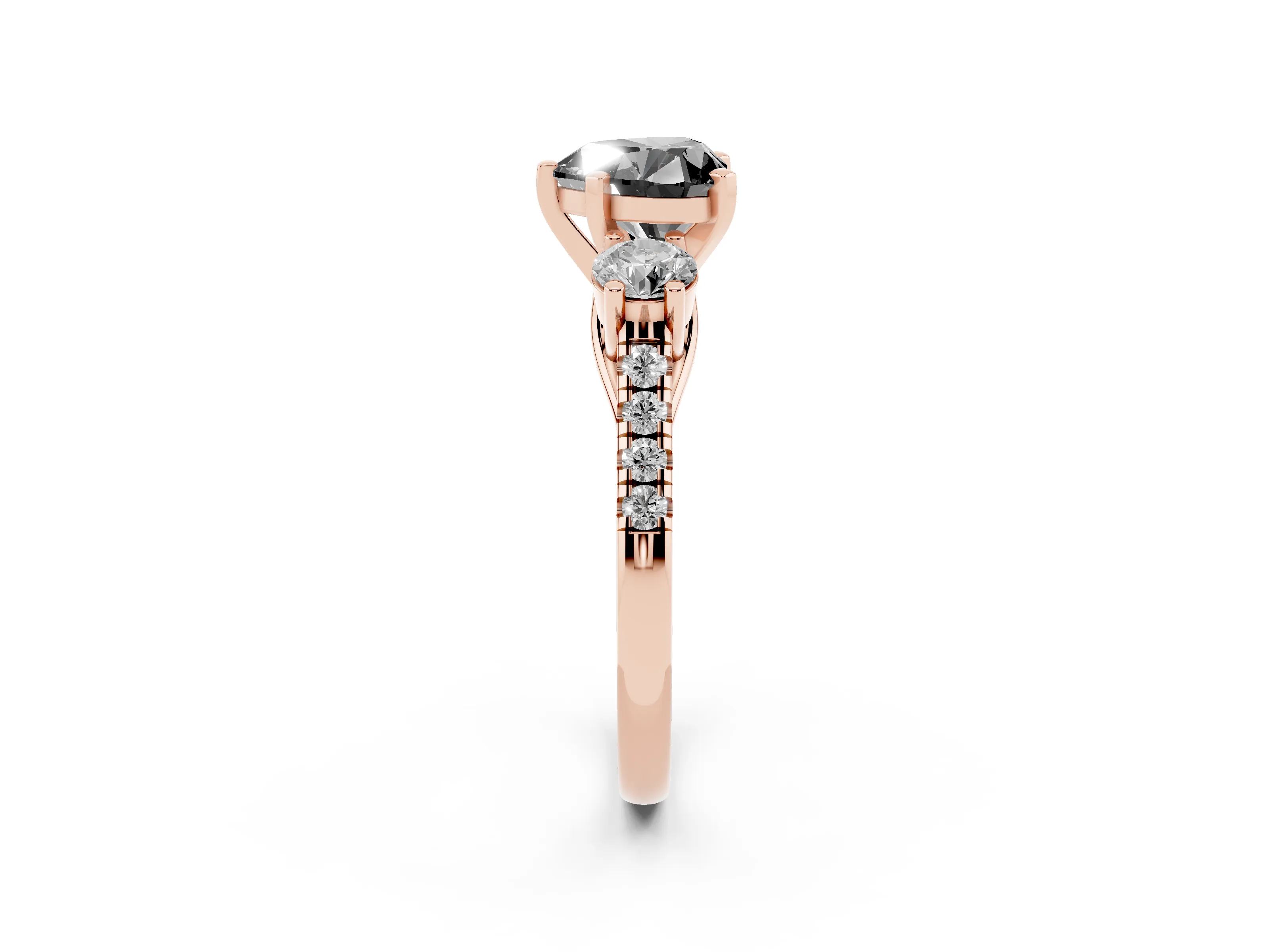 Fancy Black Three-Stone Heart Cut Diamond Pavé Band Ring Set in Rose gold with Prong-Set Trio