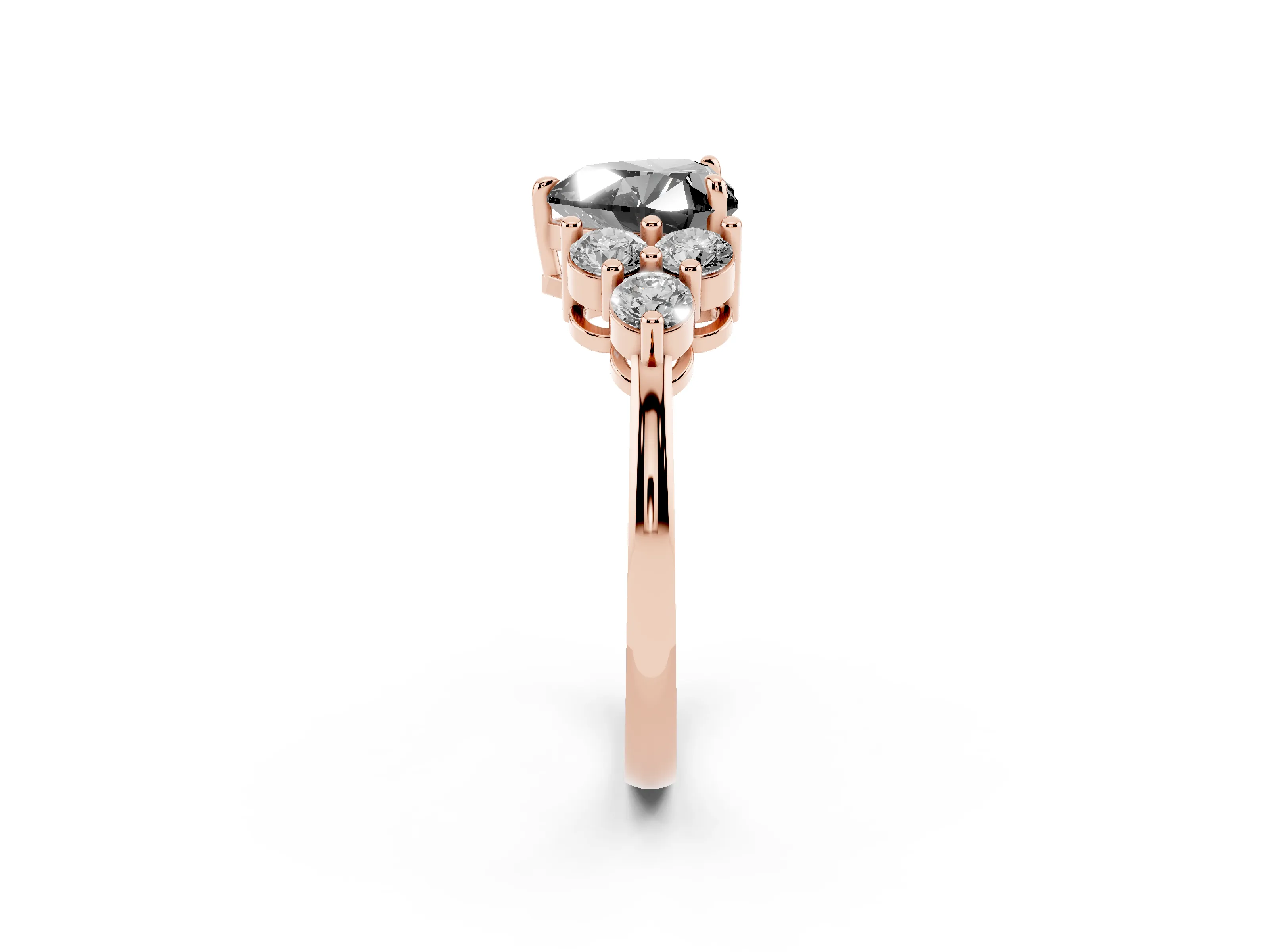 Fancy Black Heart Cut Diamond Solitaire Ring Set in Rose gold with Cluster Accents on Each Side
