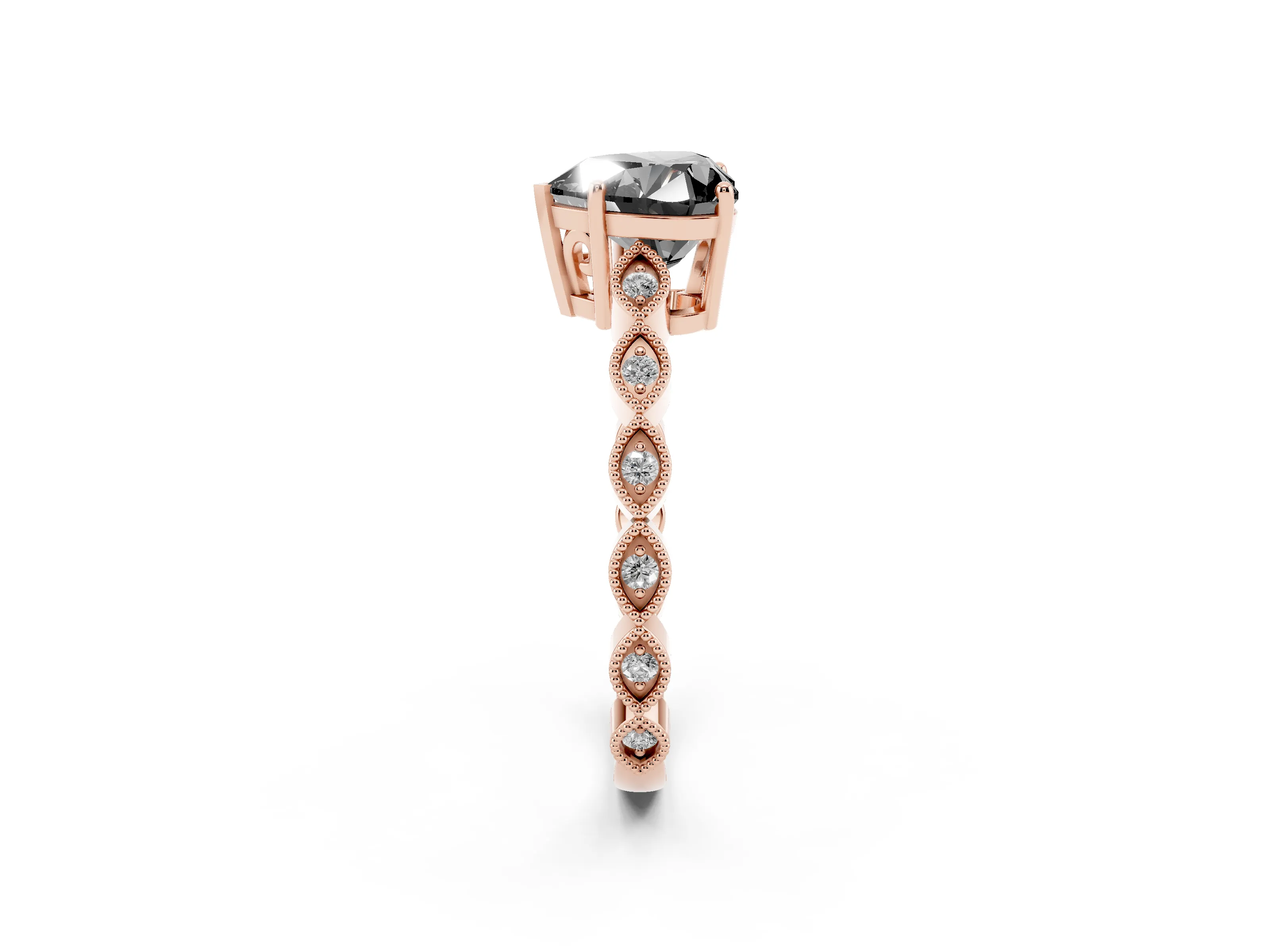 Fancy Black Heart Cut Diamond Solitaire Ring Set in Rose gold with Infinity Twist Pavé Band