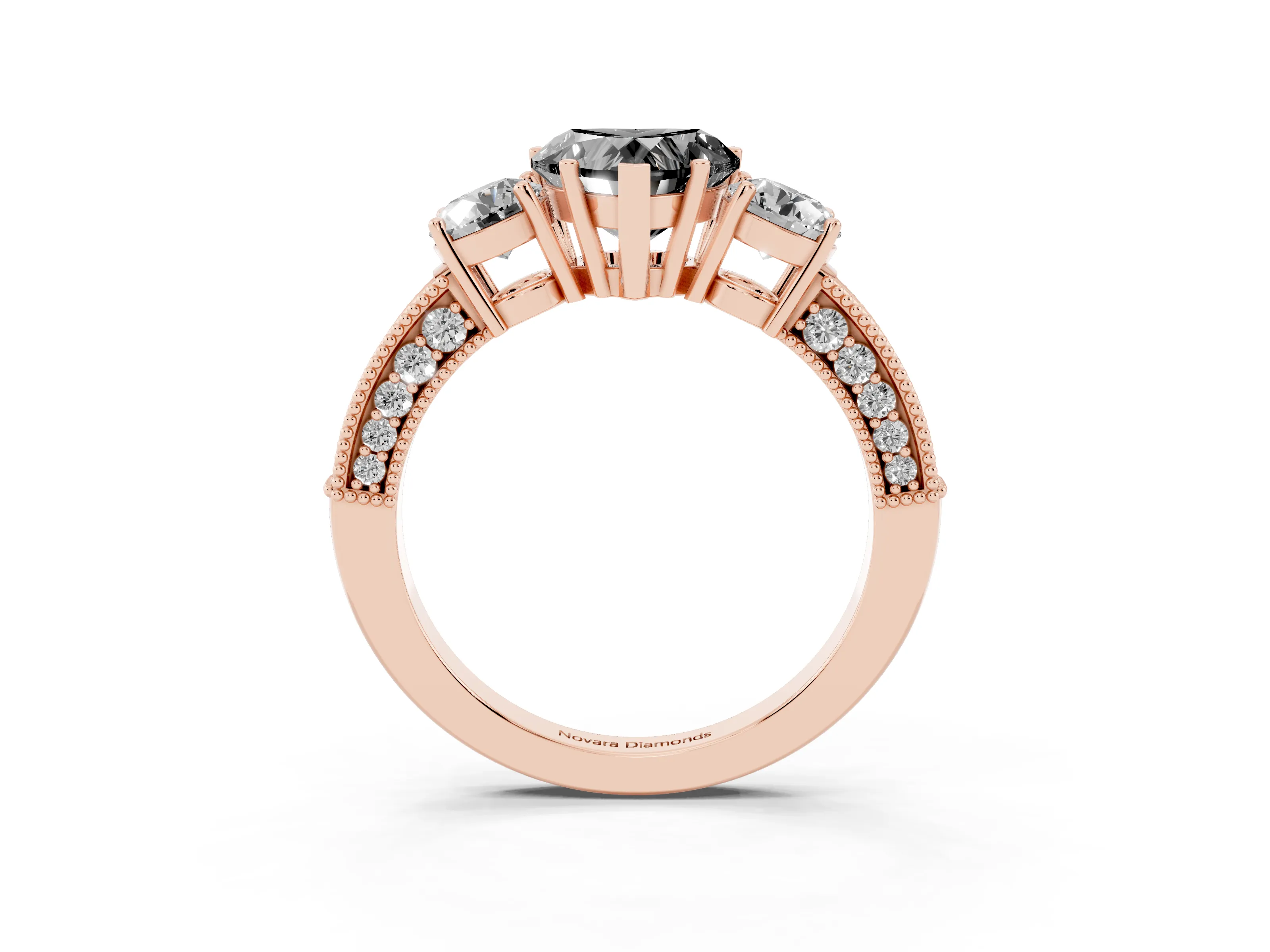 Fancy Black Heart Cut Diamond Three-Stone Ring Set in Rose gold with Round Side Stones and Pavé Band