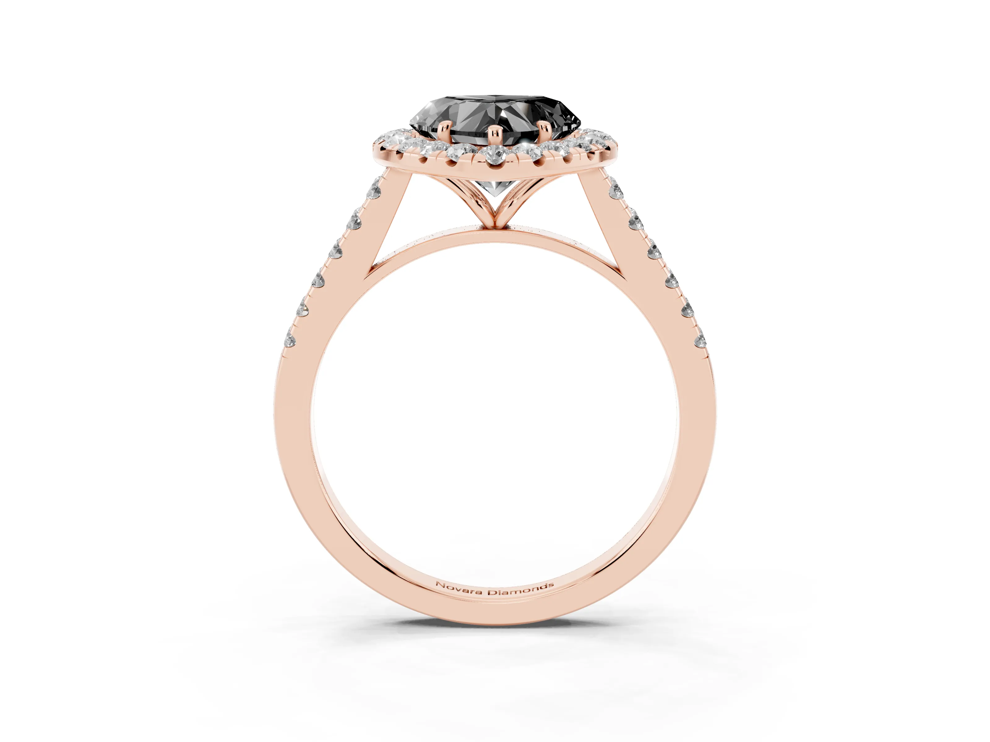 Fancy Black Heart Cut Diamond Halo Pavé Engagement Ring Set in Rose gold with Prong Setting