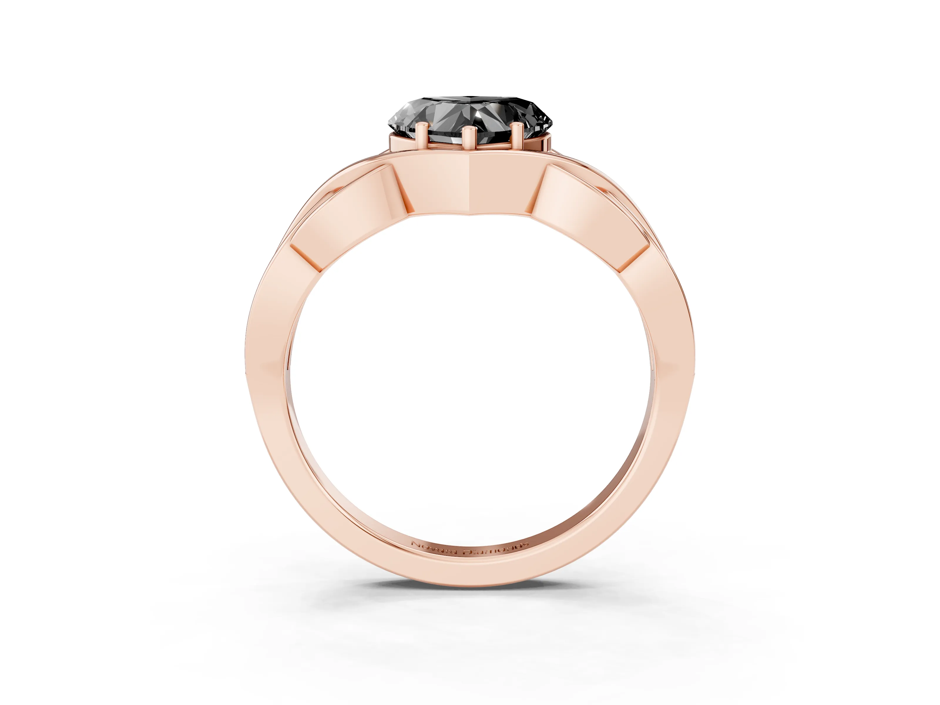 Fancy Black Heart Cut Diamond Solitaire Ring Set in Rose gold with Intertwined Band