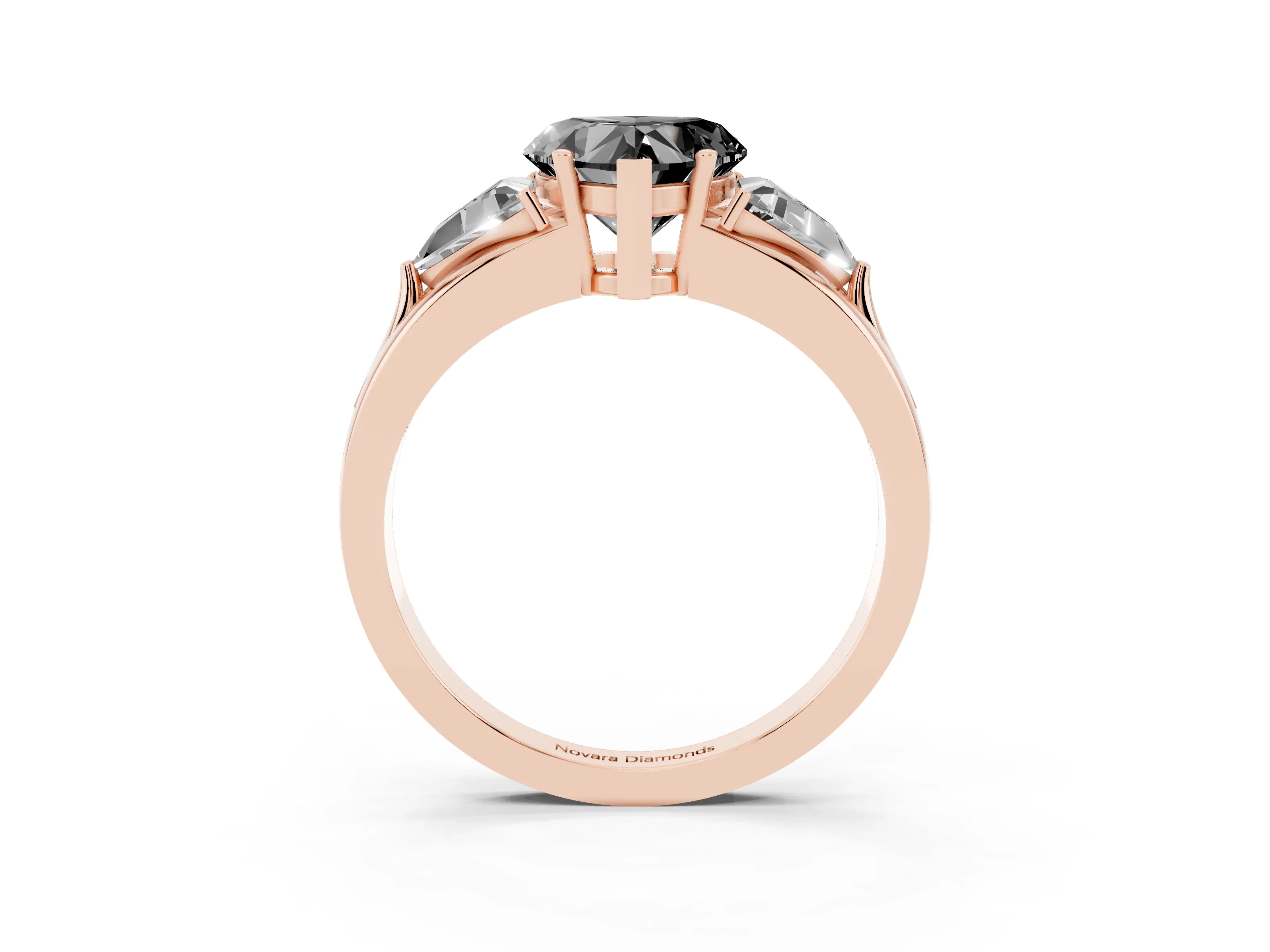 Fancy Black Heart Cut Diamond Three-Stone Ring Set in Rose gold with Trillion Side Stones and Split Shank