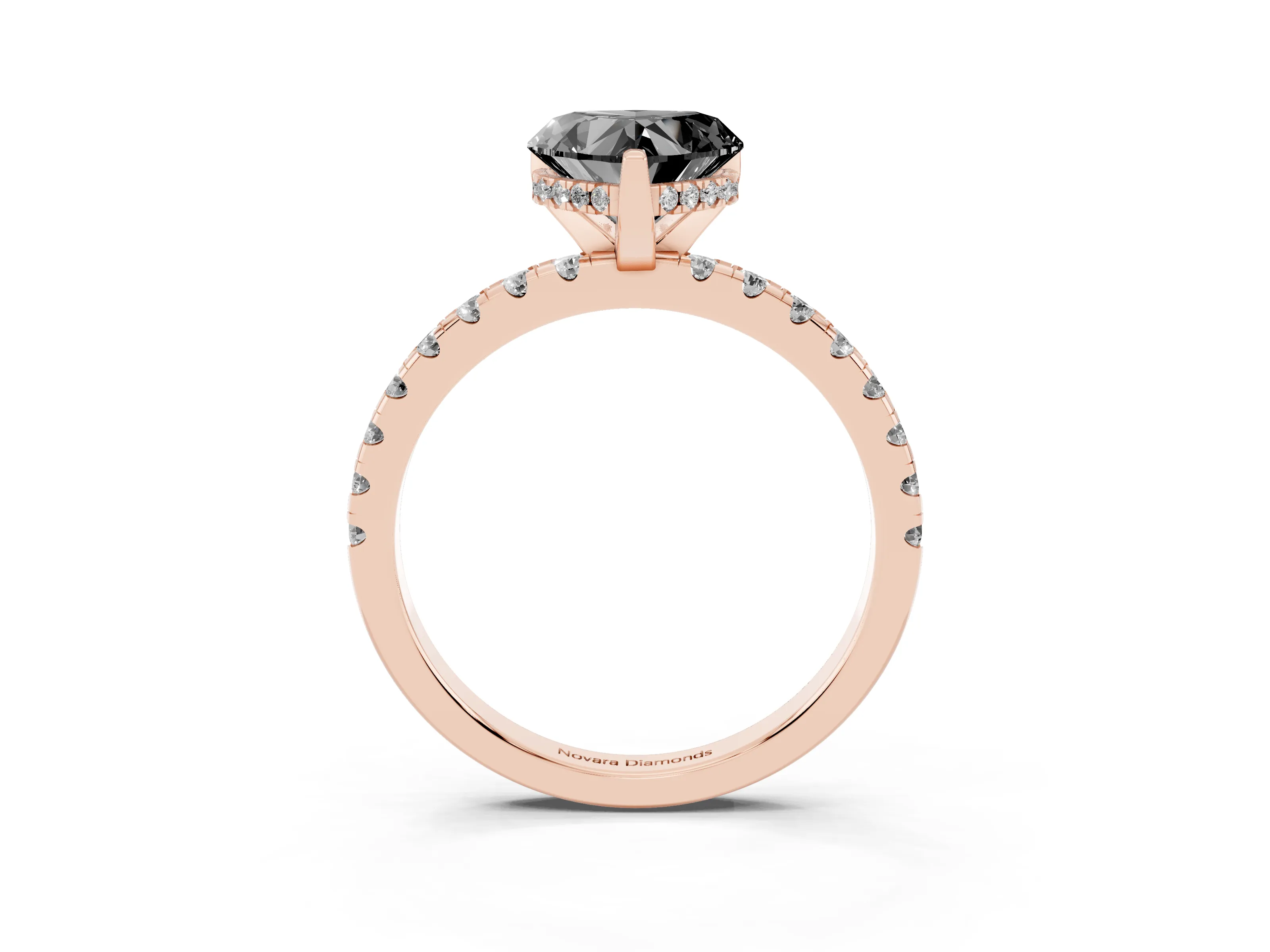 Fancy Black Heart Cut Diamond Pavé Solitaire Ring Set in Rose gold with Round Band Accents and Prong Setting