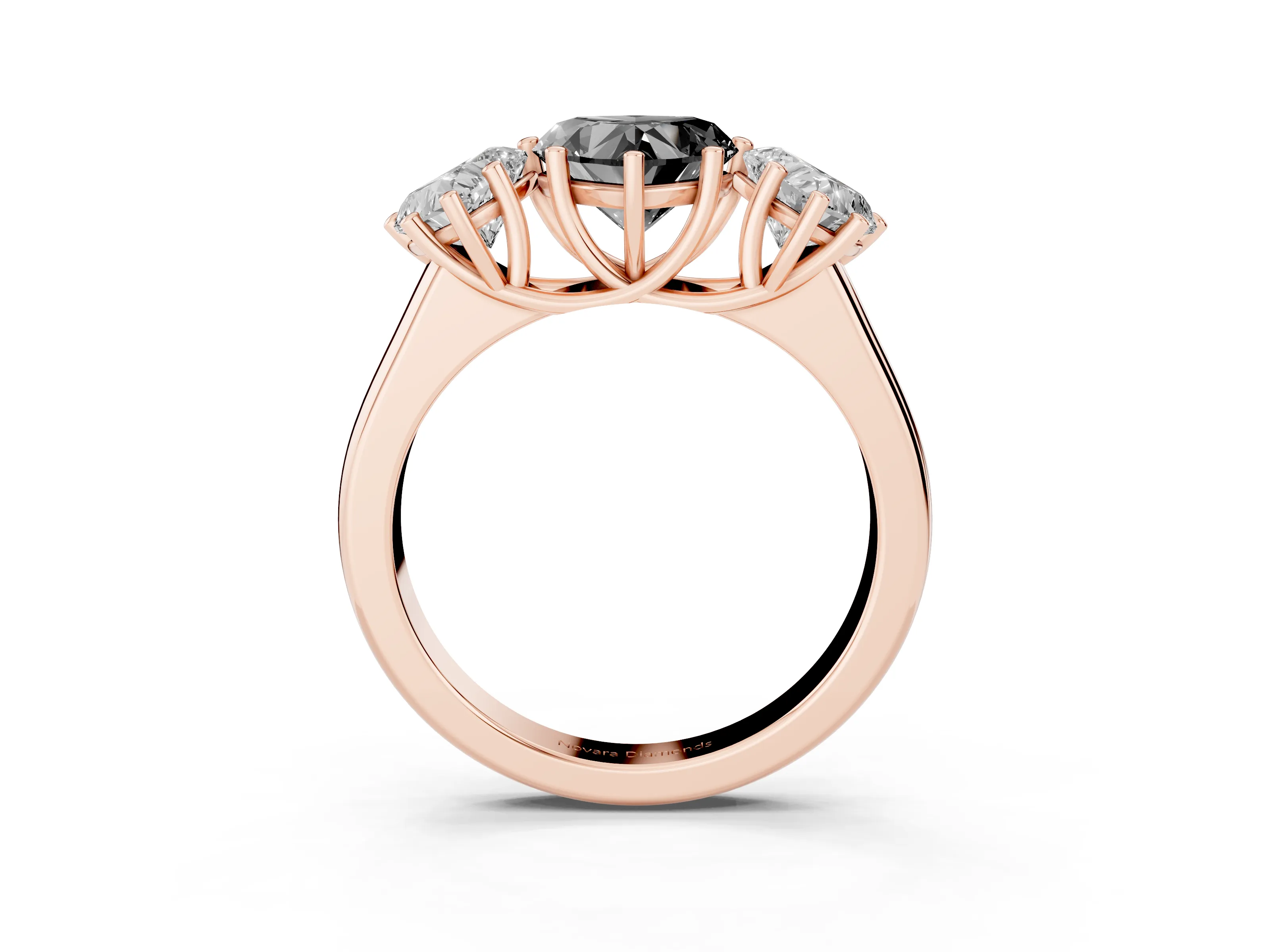 Fancy Black Heart Cut Diamond Three-Stone Ring Set in Rose gold with Plain Polished Band