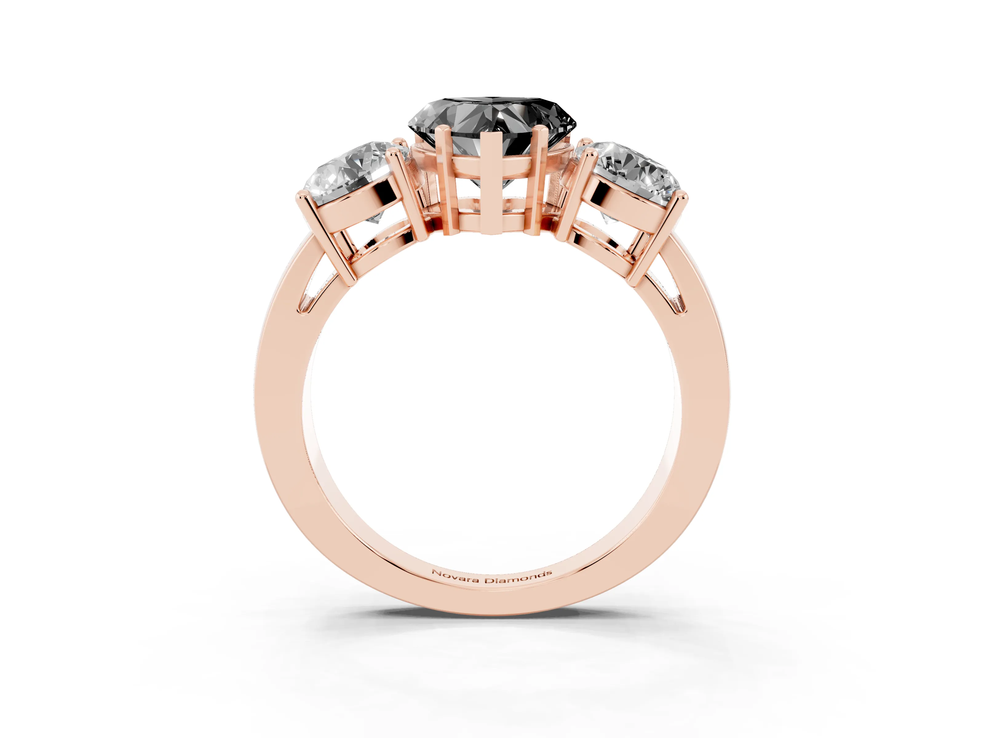 Fancy Black Heart Cut Diamond Three-Stone Ring Set in Rose gold with Round Side Stones and Classic Band