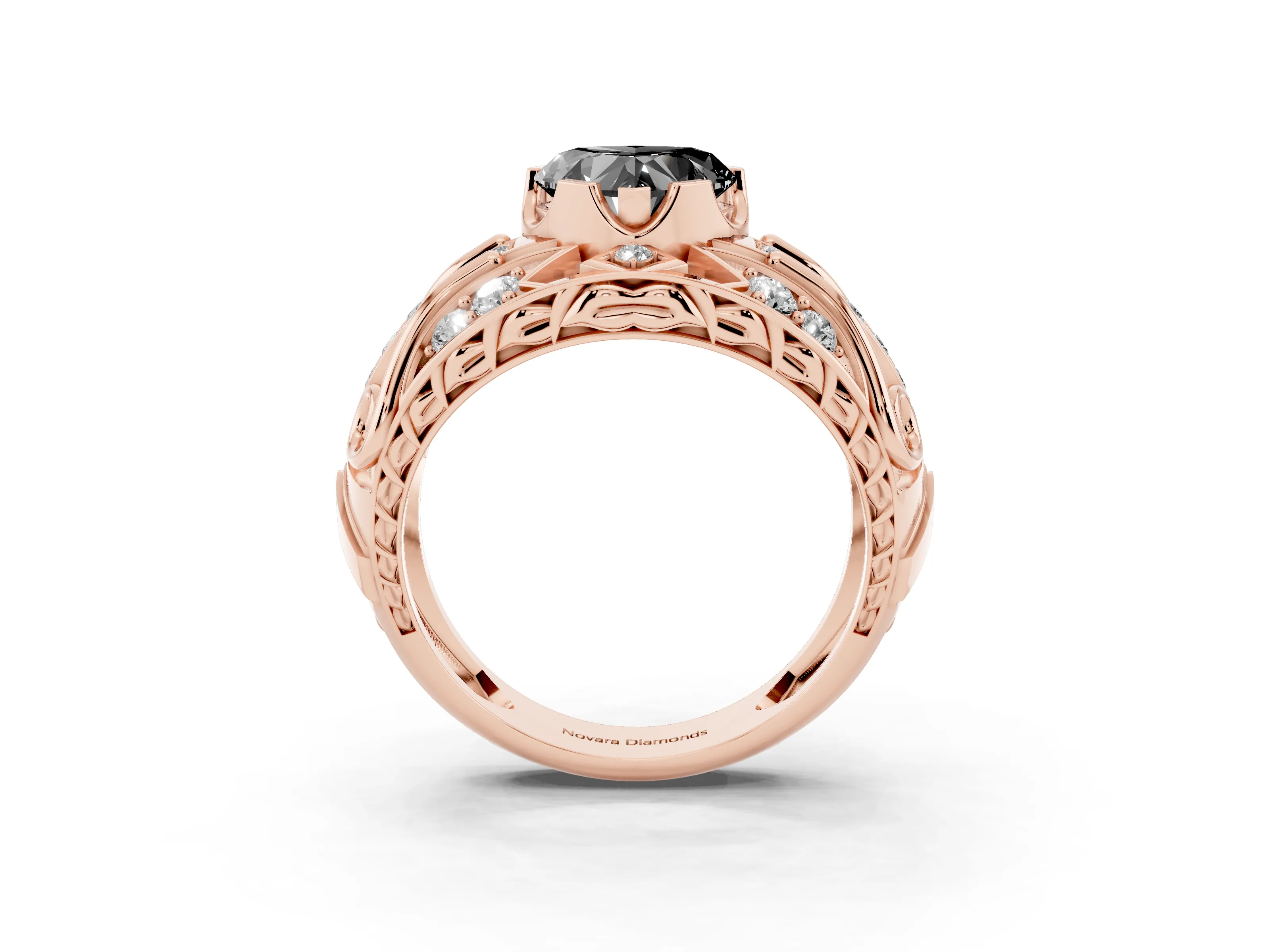 Fancy Black Heart Cut Diamond Art Deco Ring Set in Rose gold with Pavé Split Shank