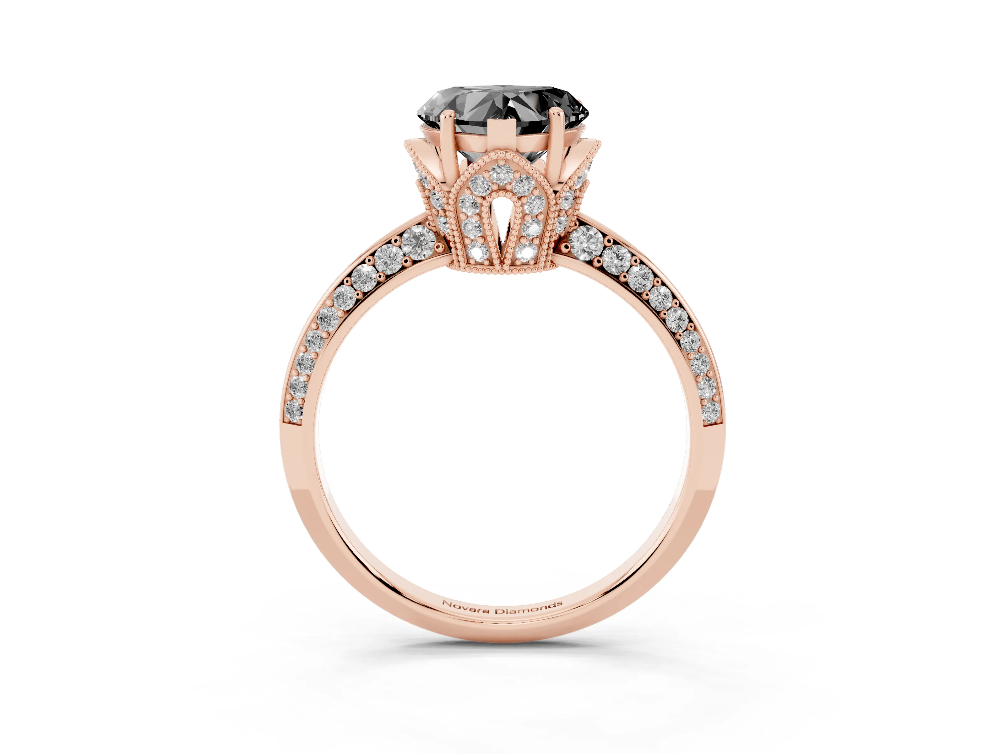 Fancy Black Heart Cut Diamond Solitaire Engagement Ring Set in Rose gold with Pavé Split Shank and Prong Setting
