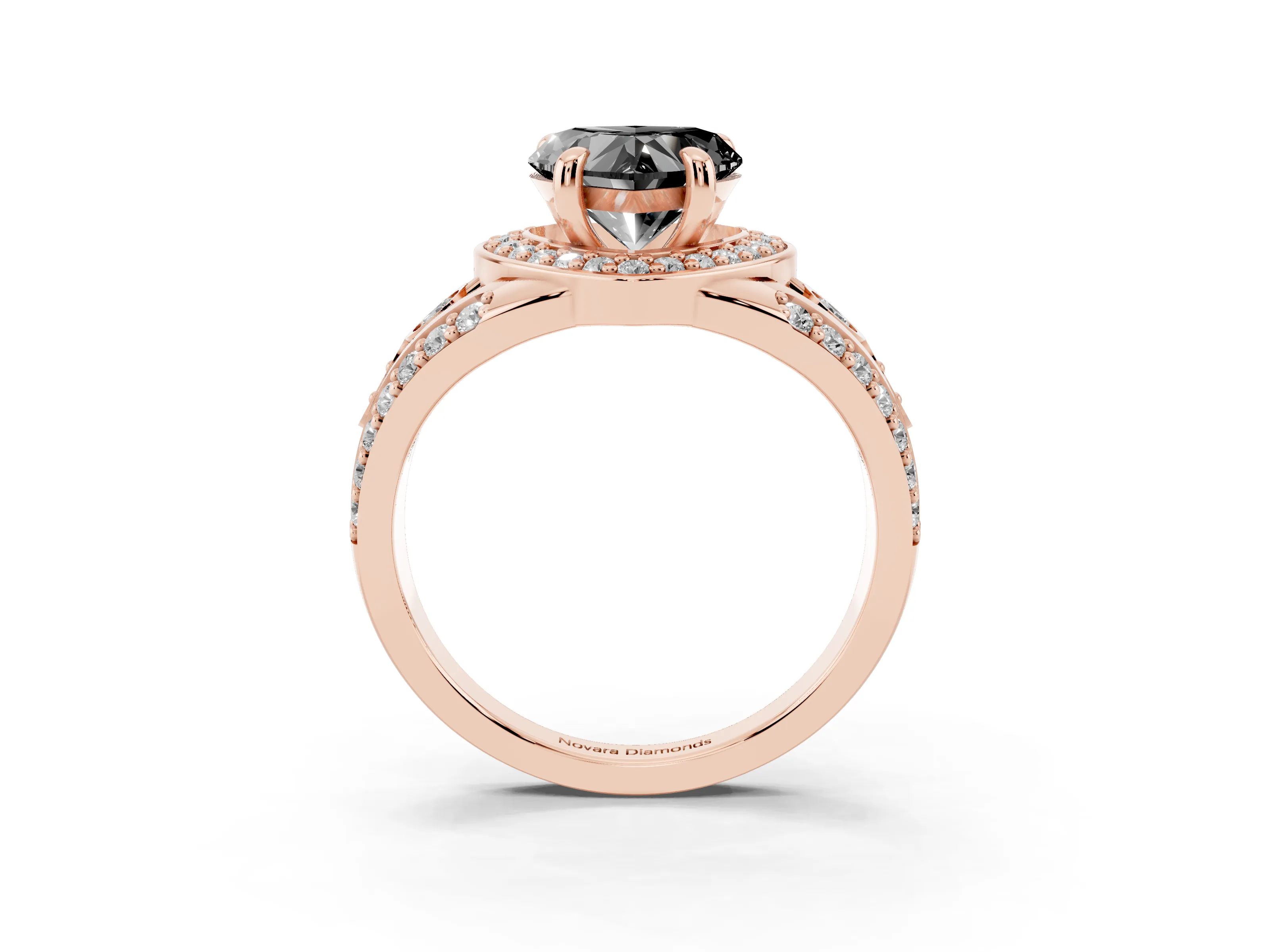 Fancy Black Heart Cut Diamond Halo Ring Set in Rose gold with Pavé Split Shank and Bezel Accents