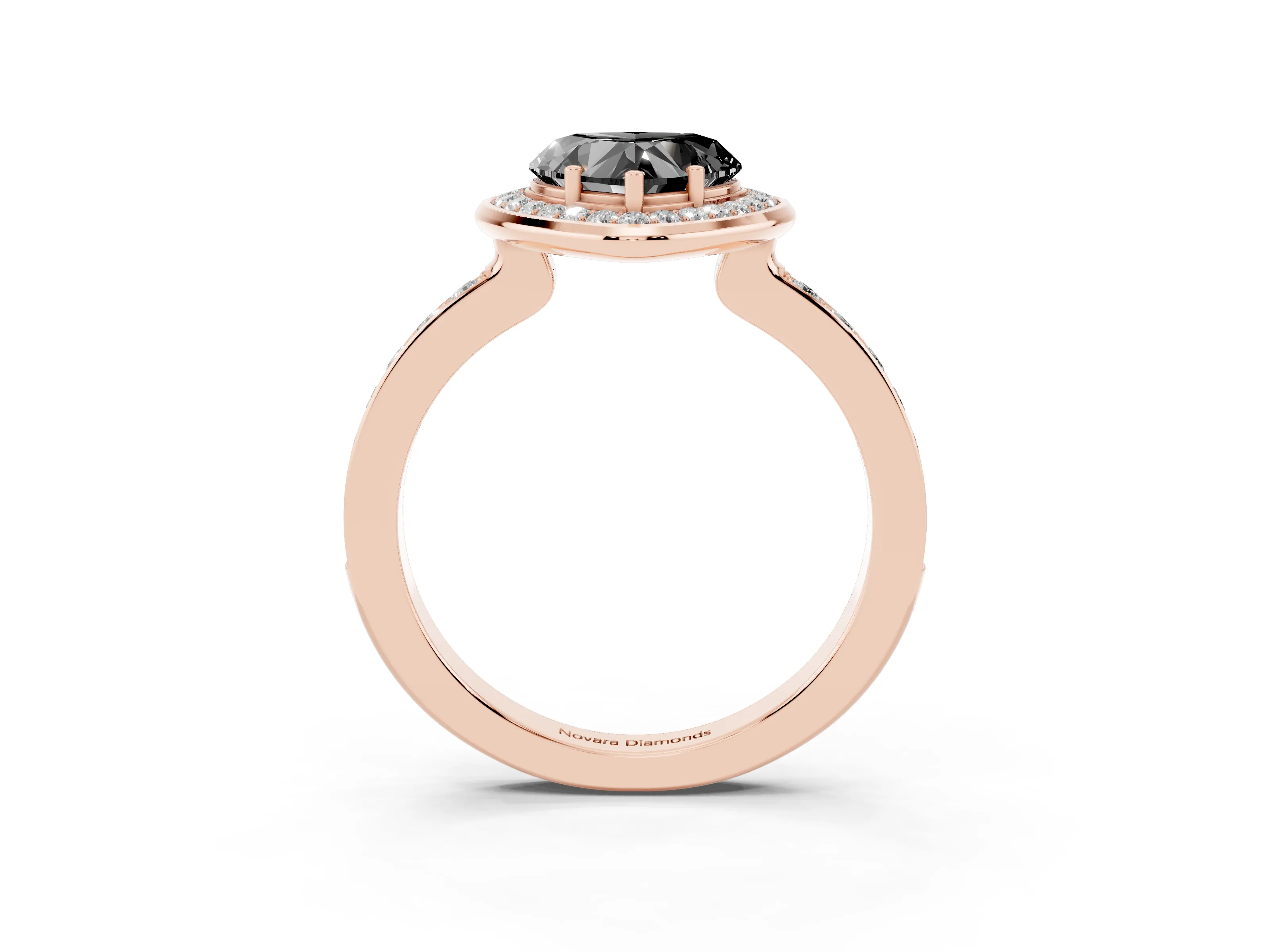 Fancy Black Heart Cut Diamond Halo Ring Set in Rose gold with Bezel Frame and Pavé Band