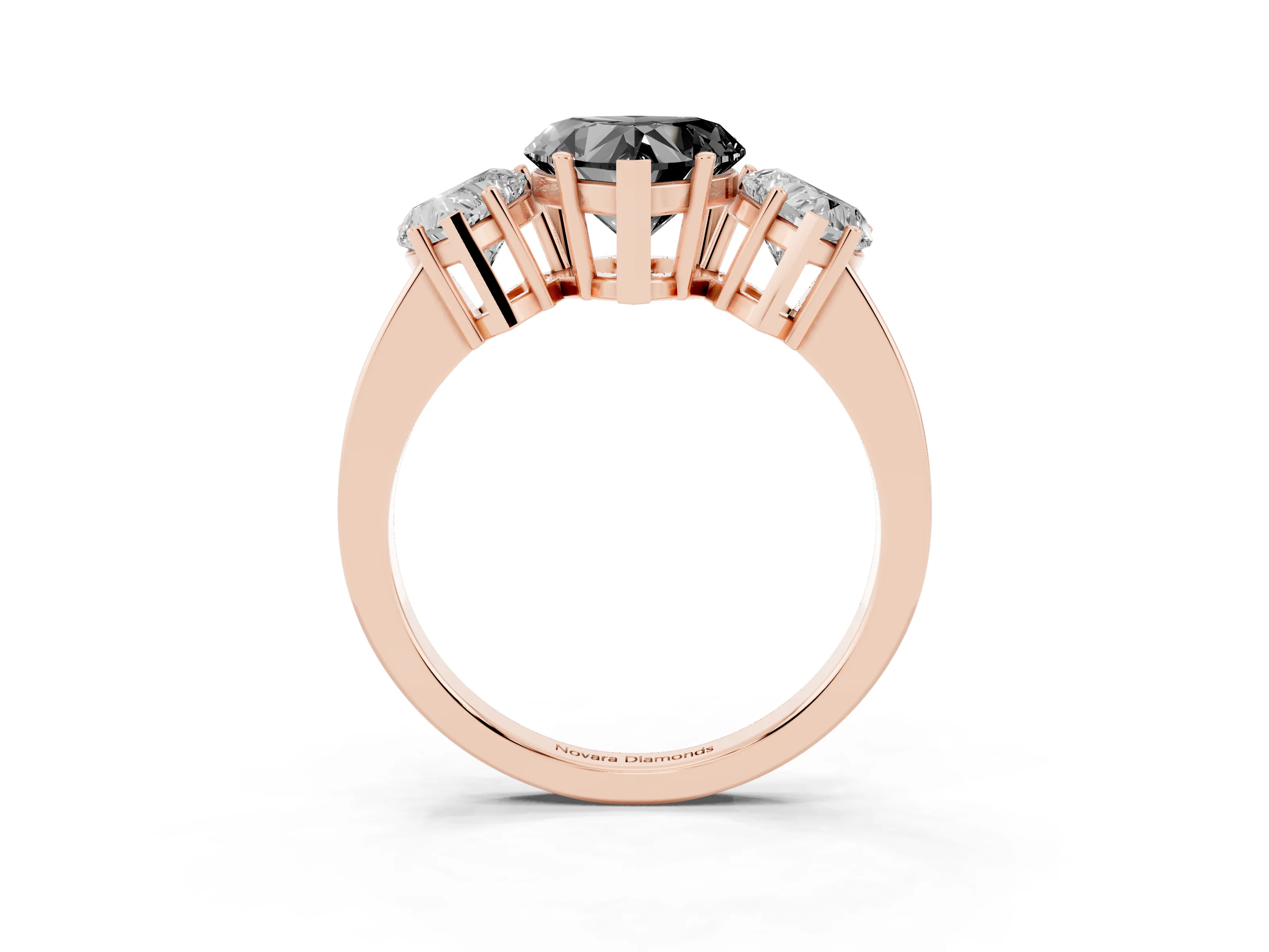 Fancy Black Heart Cut Diamond Three-Stone Engagement Ring Set in Rose gold with Flat Band