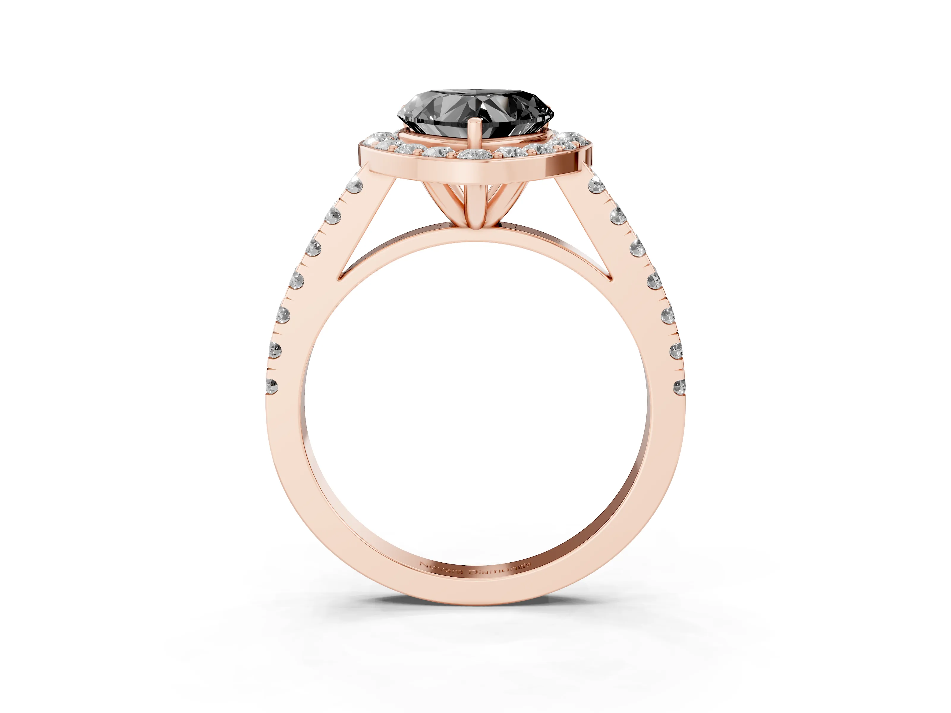 Fancy Black Heart Cut Diamond Halo Ring Set in Rose gold with Round Pavé Split Shank and Prong Setting