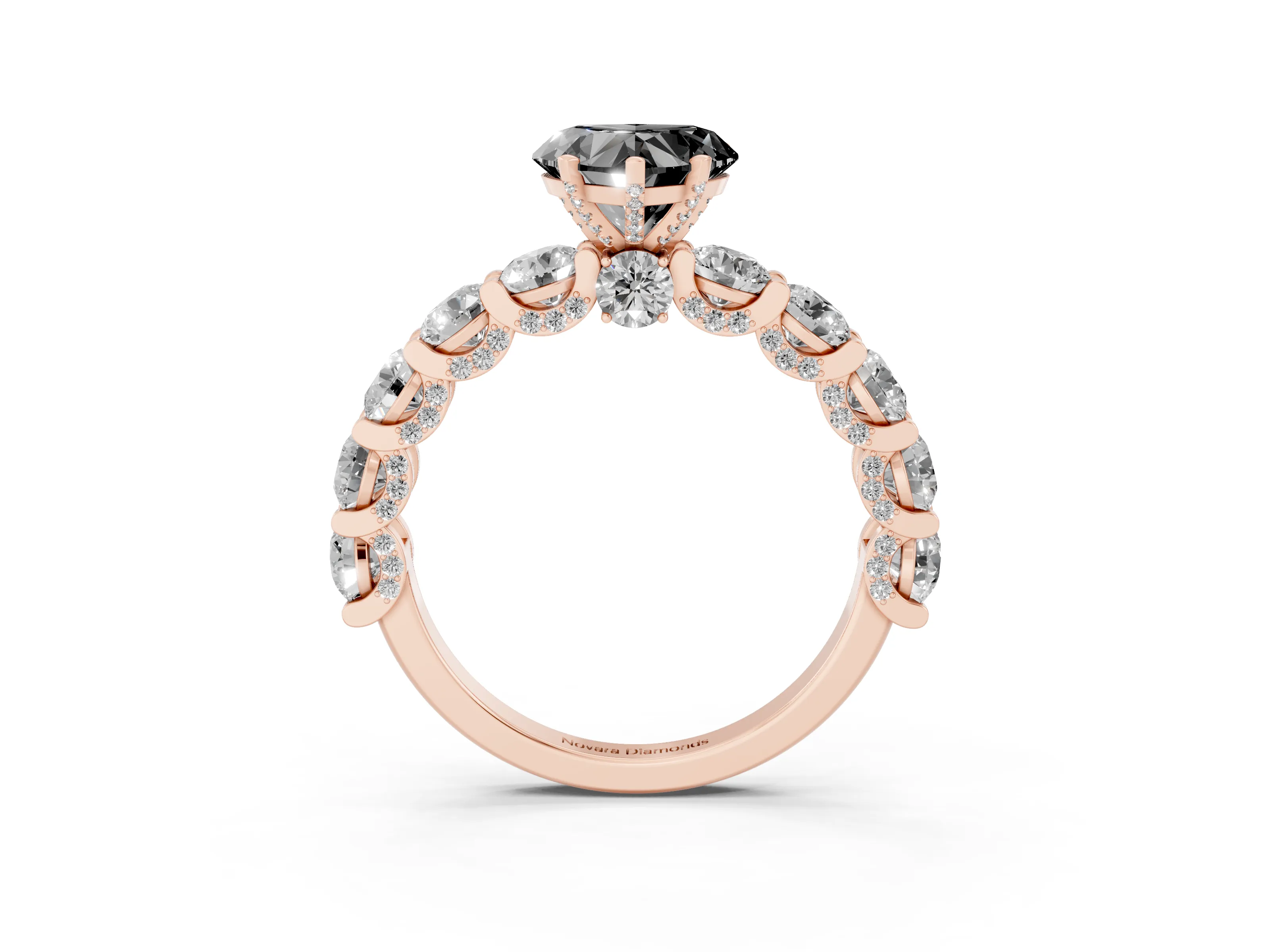 Fancy Black Heart Cut Diamond Side Stone Ring Set in Rose gold with Alternating Round and Oval Side Stones