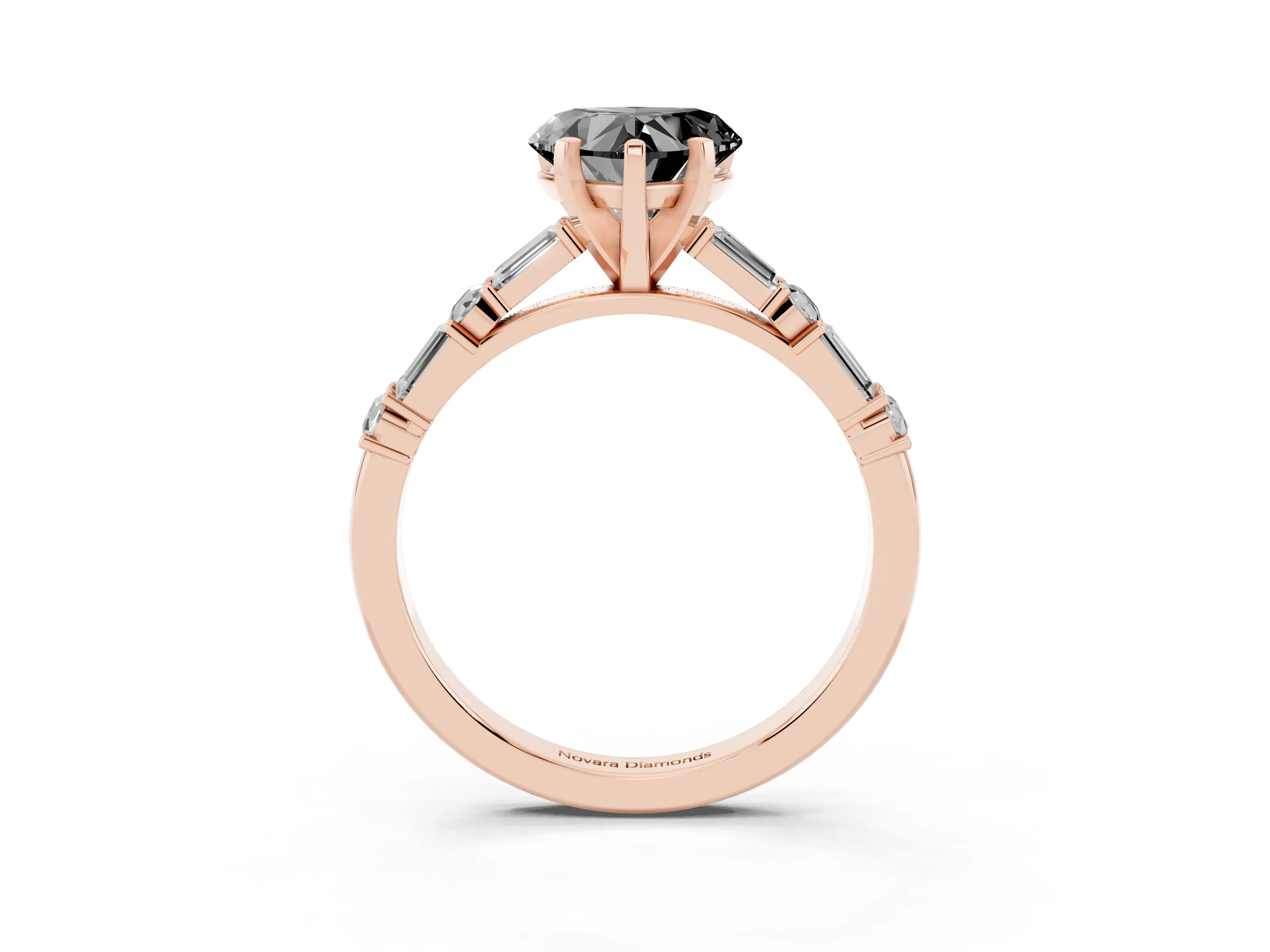 Fancy Black Heart Cut Diamond Solitaire Set in Rose gold with Side Baguettes and Channel Set Band