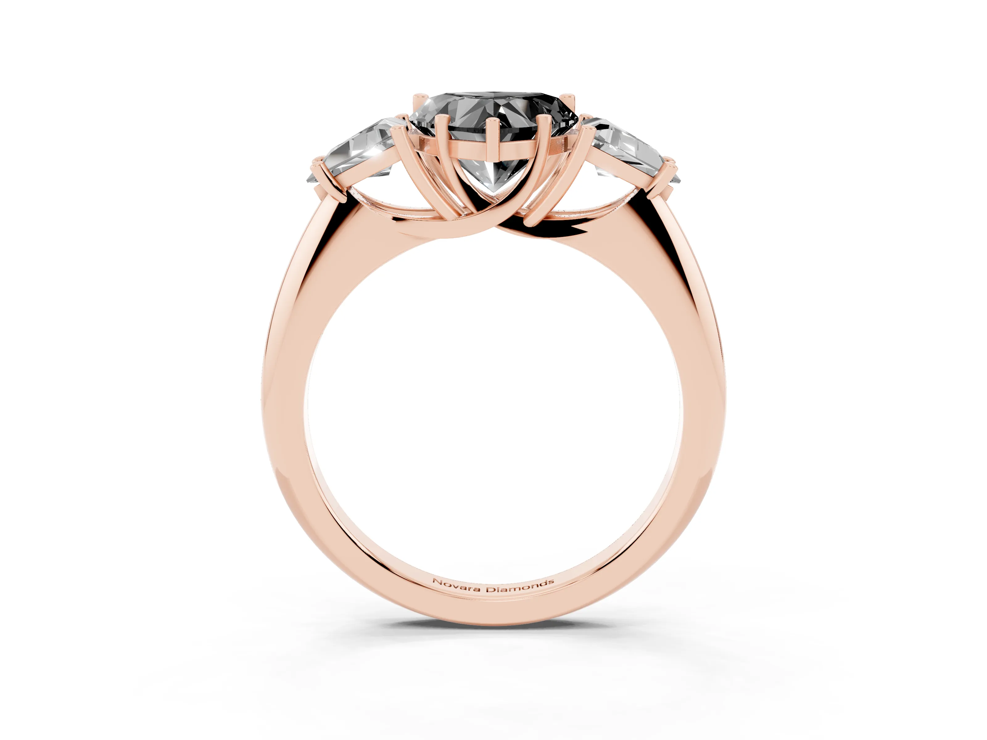 Fancy Black Heart Cut Diamond Three-Stone Engagement Ring Set in Rose gold with Trillion Side Stones