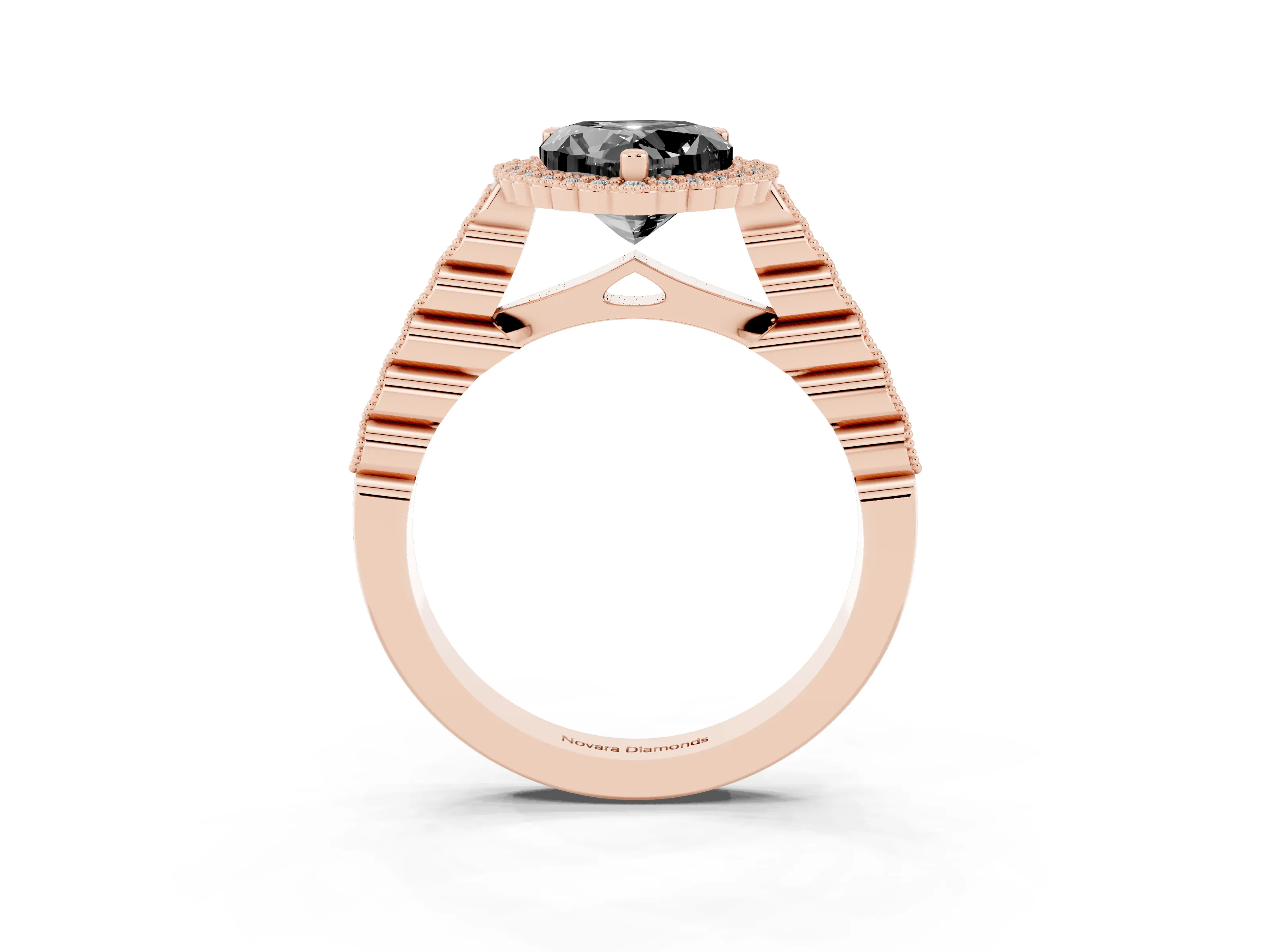 Fancy Black Heart Cut Diamond Halo Ring Set in Rose gold with Pavé Milgrain Band