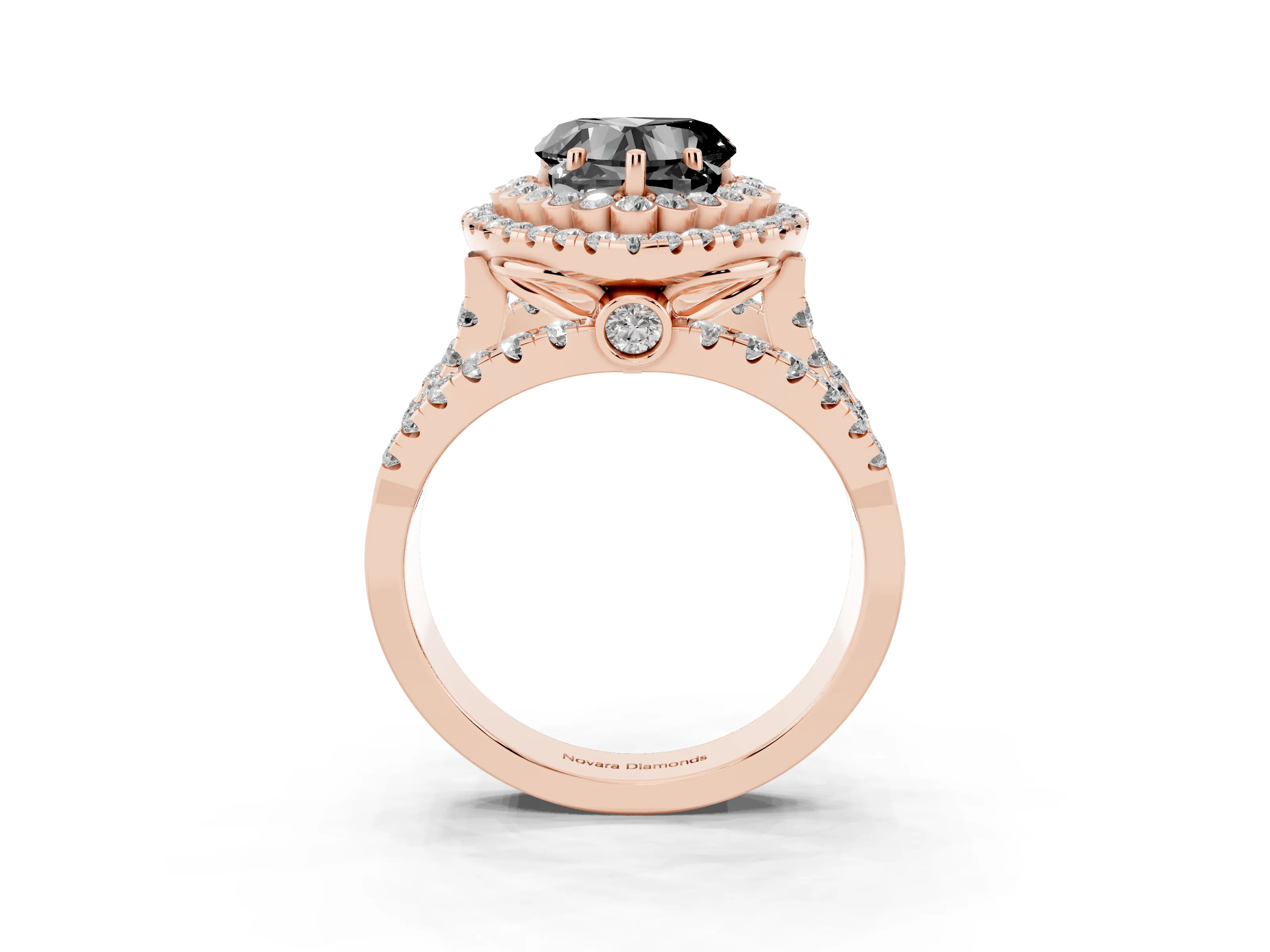 Fancy Black Heart Cut Diamond Double Halo Ring Set in Rose gold with Round Pavé Split Shank