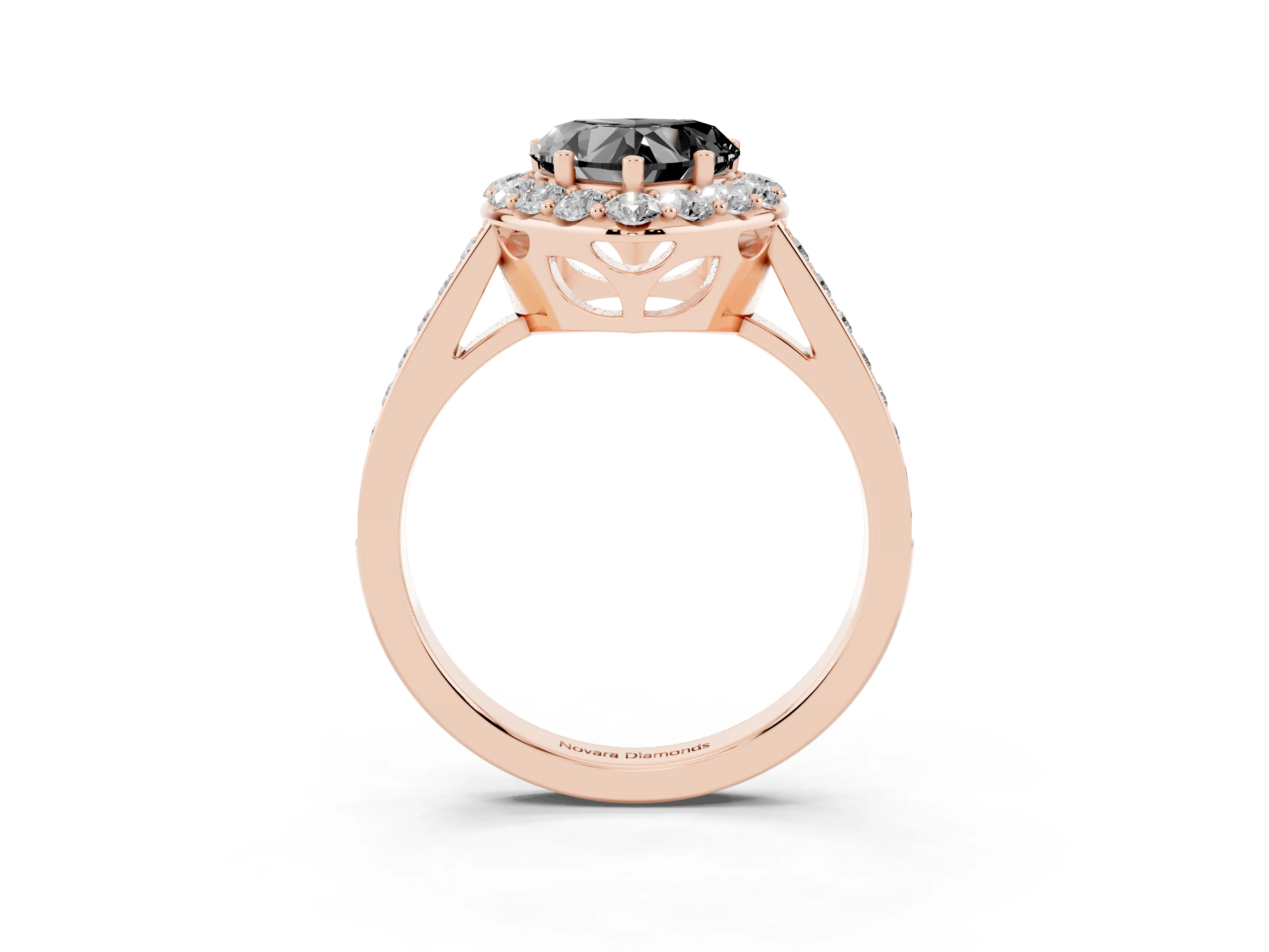 Fancy Black Heart Cut Diamond Floral Halo Ring Set in Rose gold with Pavé Band and Prong Setting