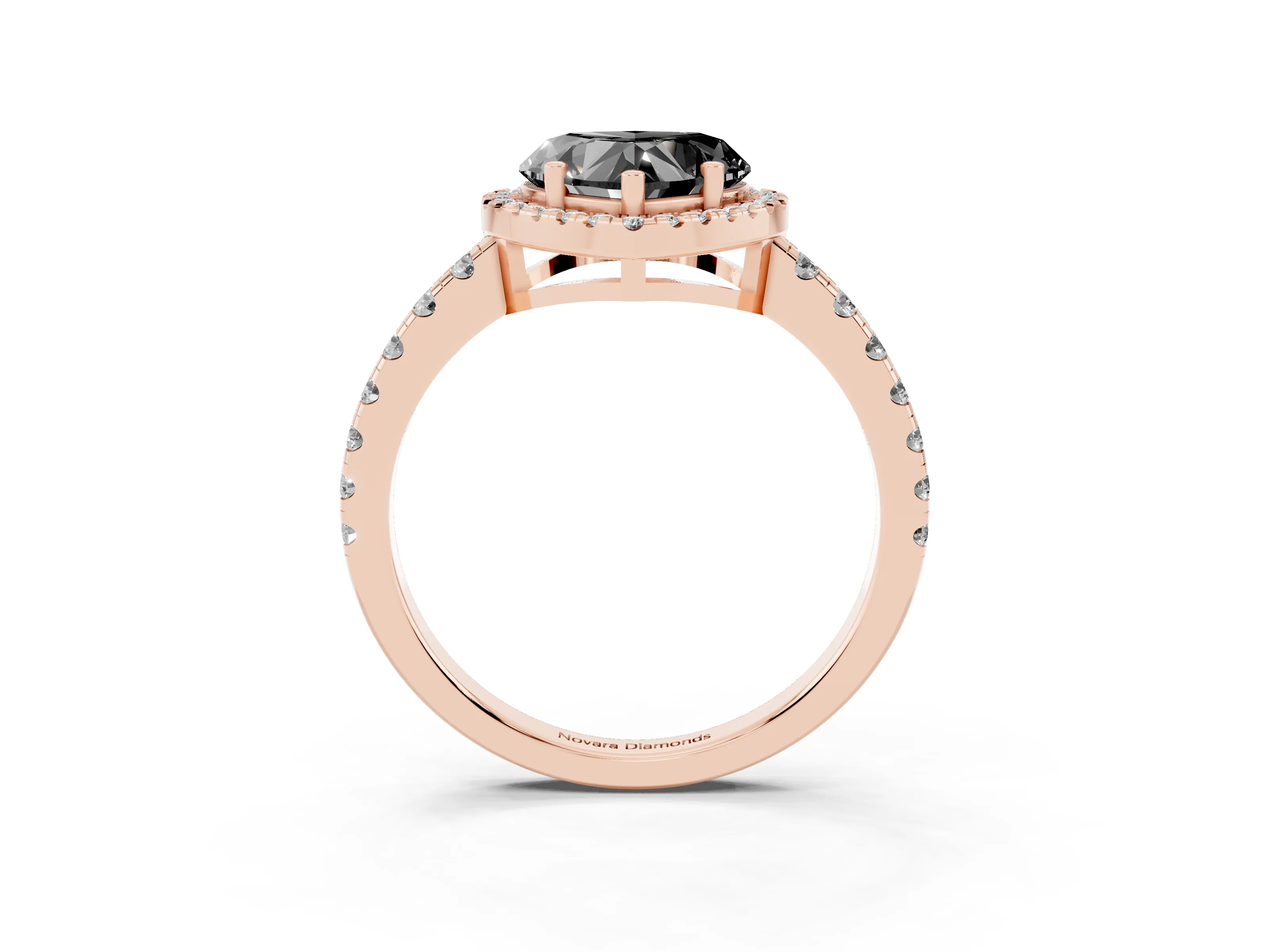 Fancy Black Heart Cut Diamond Halo Ring Set in Rose gold with Delicate Pavé Band and Prong Setting