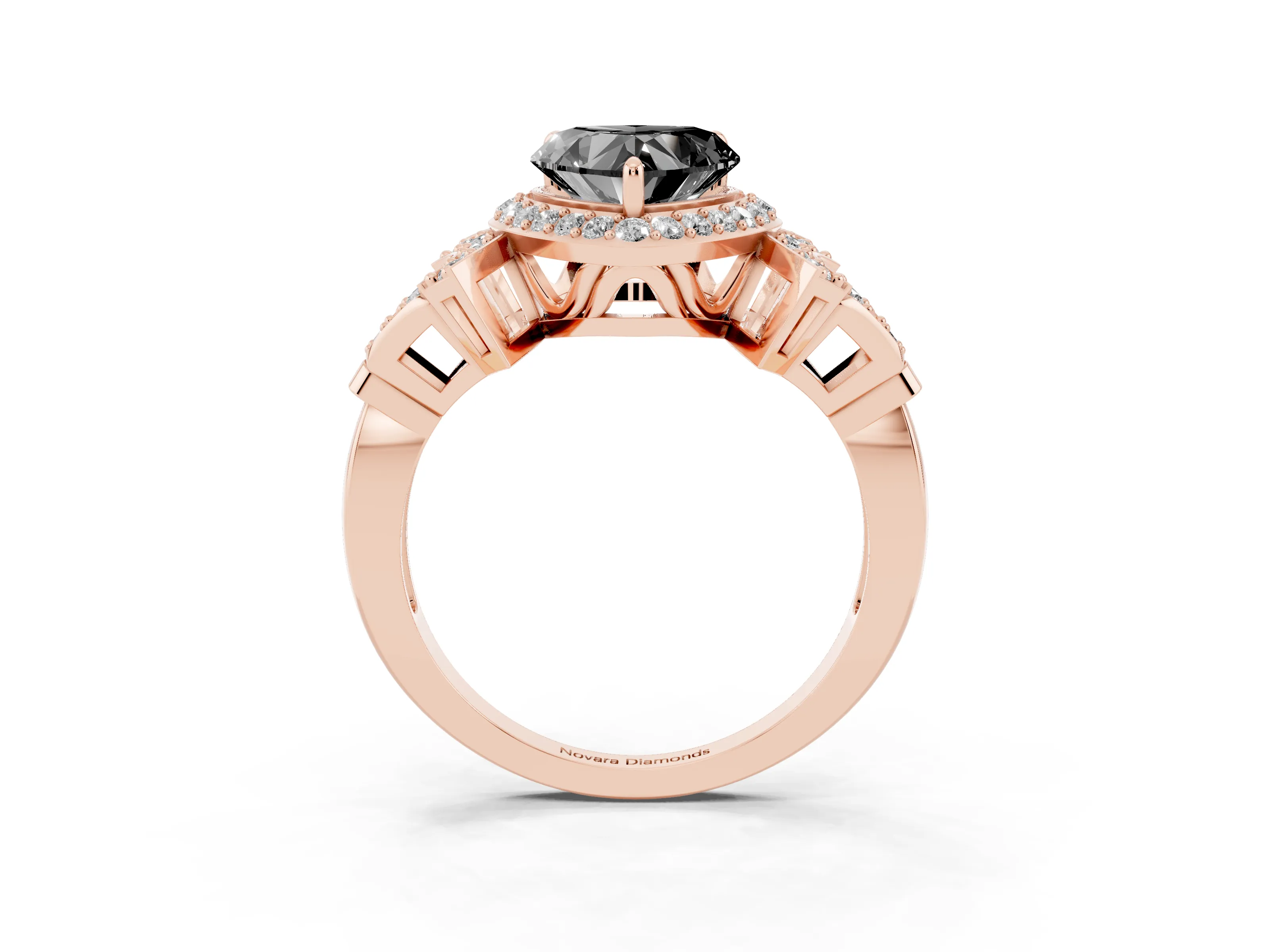 Fancy Black Heart Cut Diamond Halo Engagement Ring Set in Rose gold with Accent Stone Split Shank