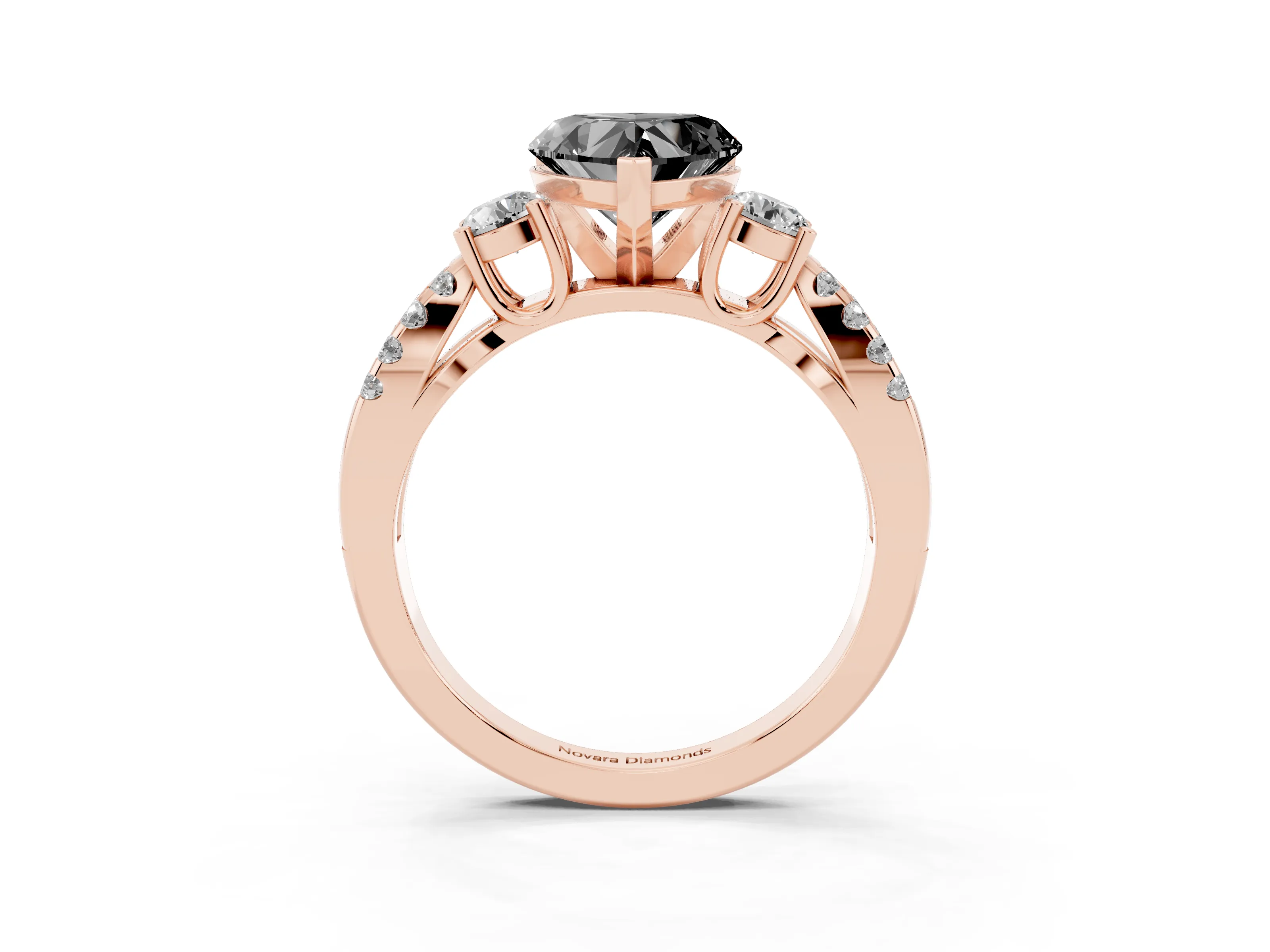 Fancy Black Heart Cut Diamond Three-Stone Ring Set in Rose gold with Pavé Split Shank and Prong Setting