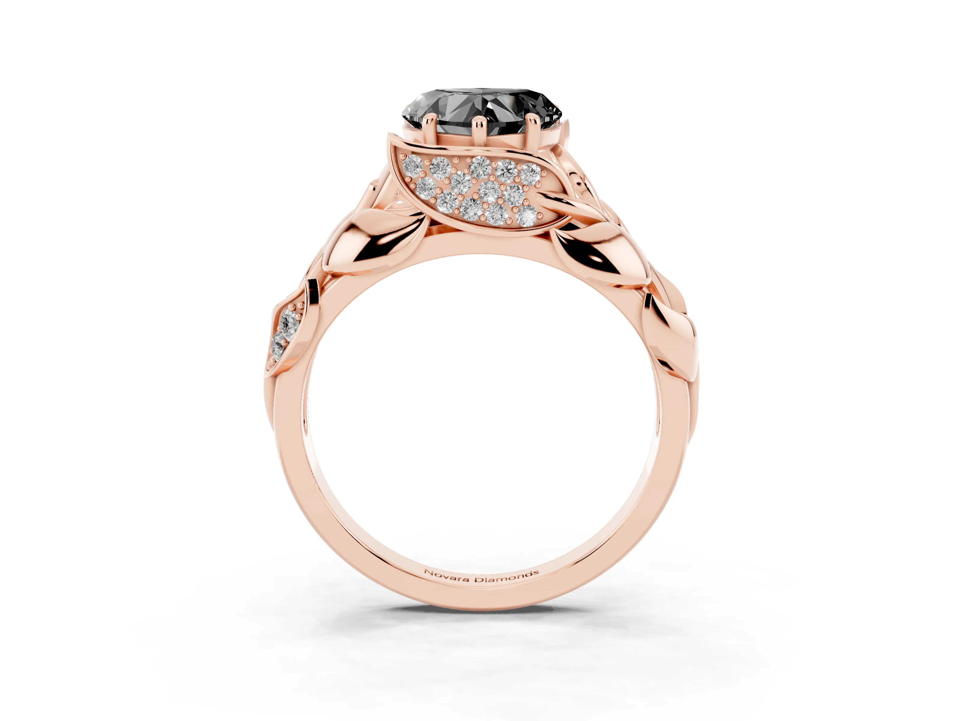 Fancy Black Heart Cut Diamond Leaf-Inspired Engagement Ring Set in Rose gold with Round Accents