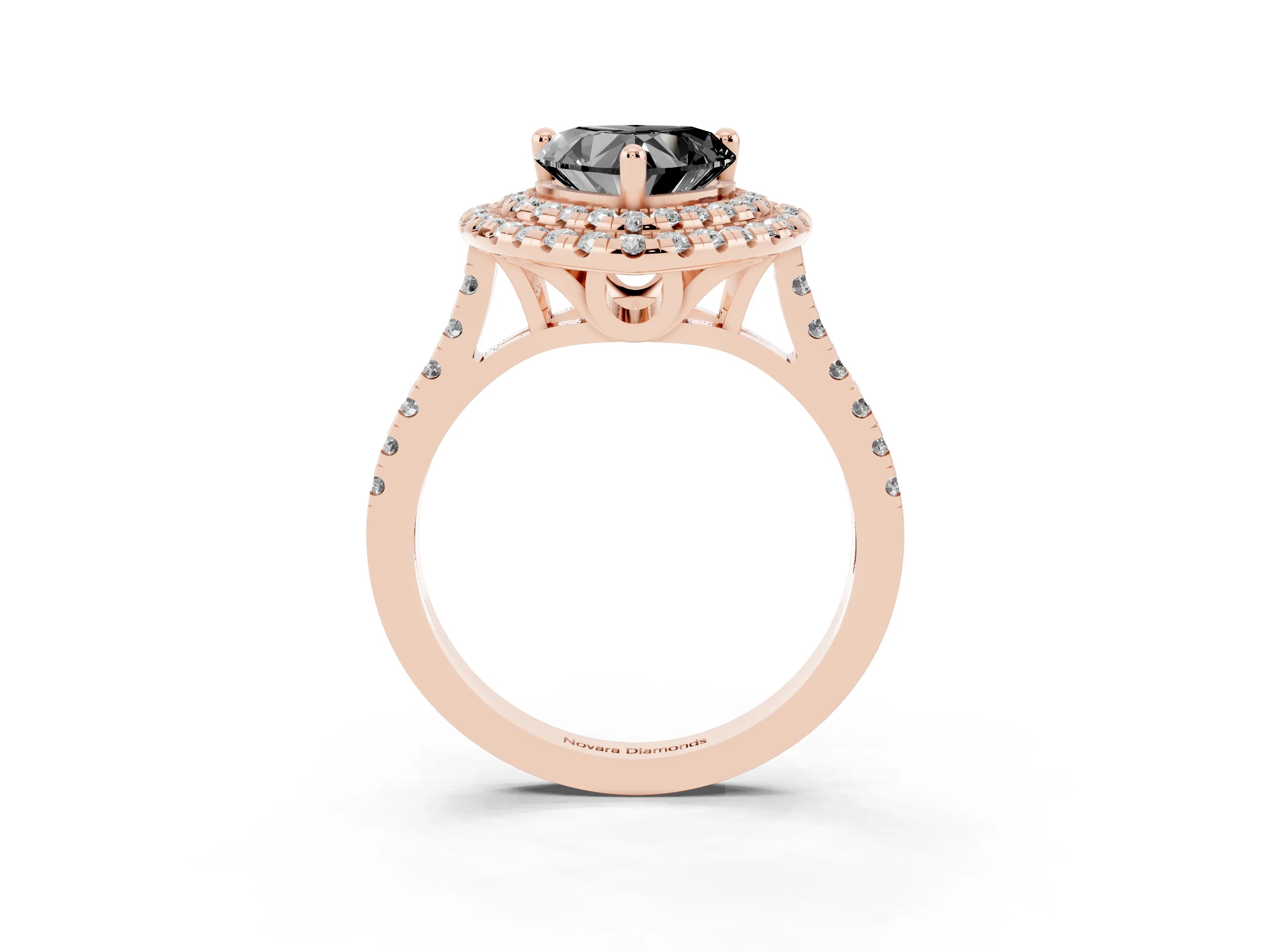 Fancy Black Heart Cut Diamond Double Halo Statement Ring Set in Rose gold with Pavé Band