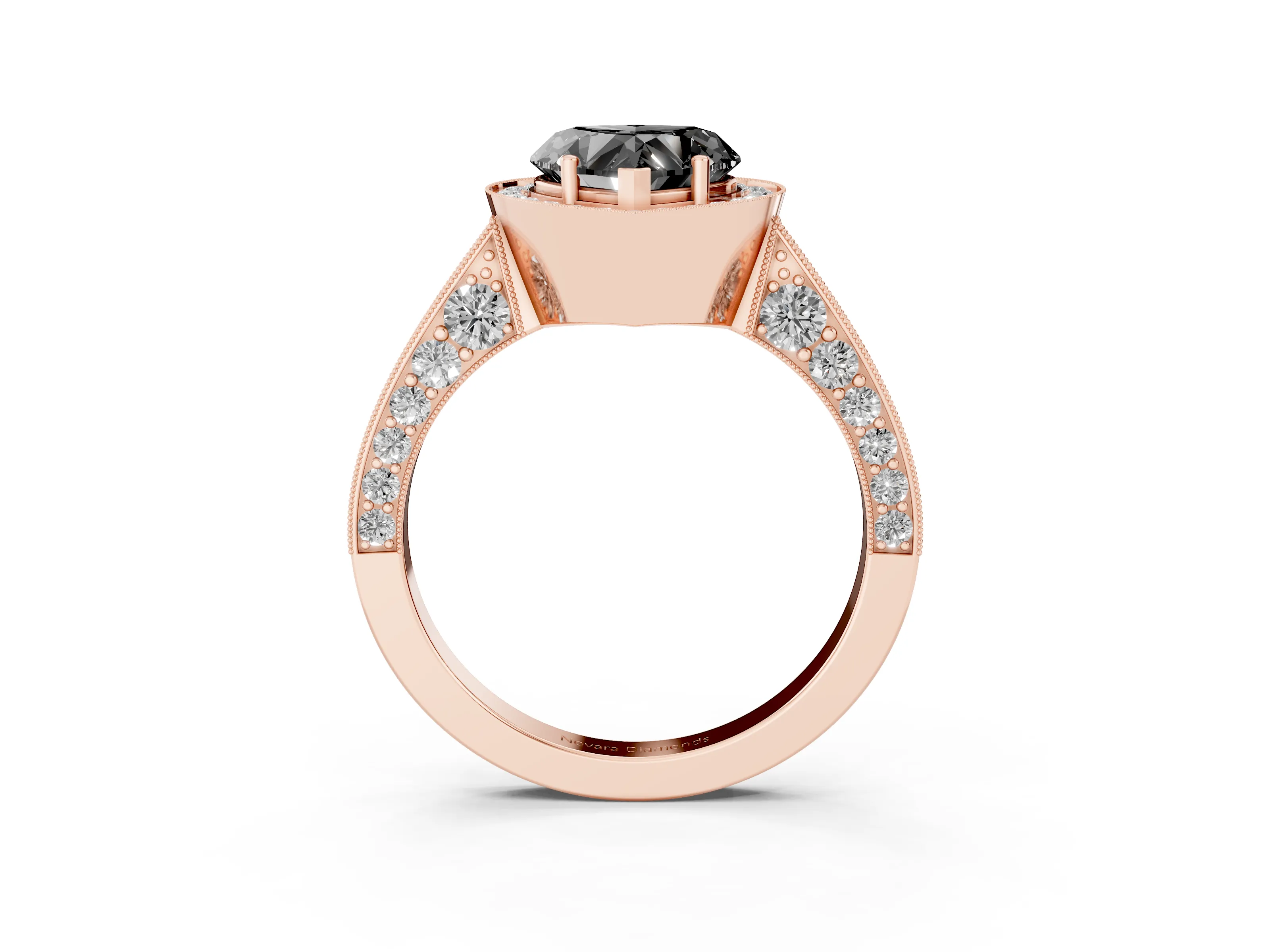 Fancy Black Heart Cut Diamond Halo Engagement Ring Set in Rose gold with Accent Split Shank Band