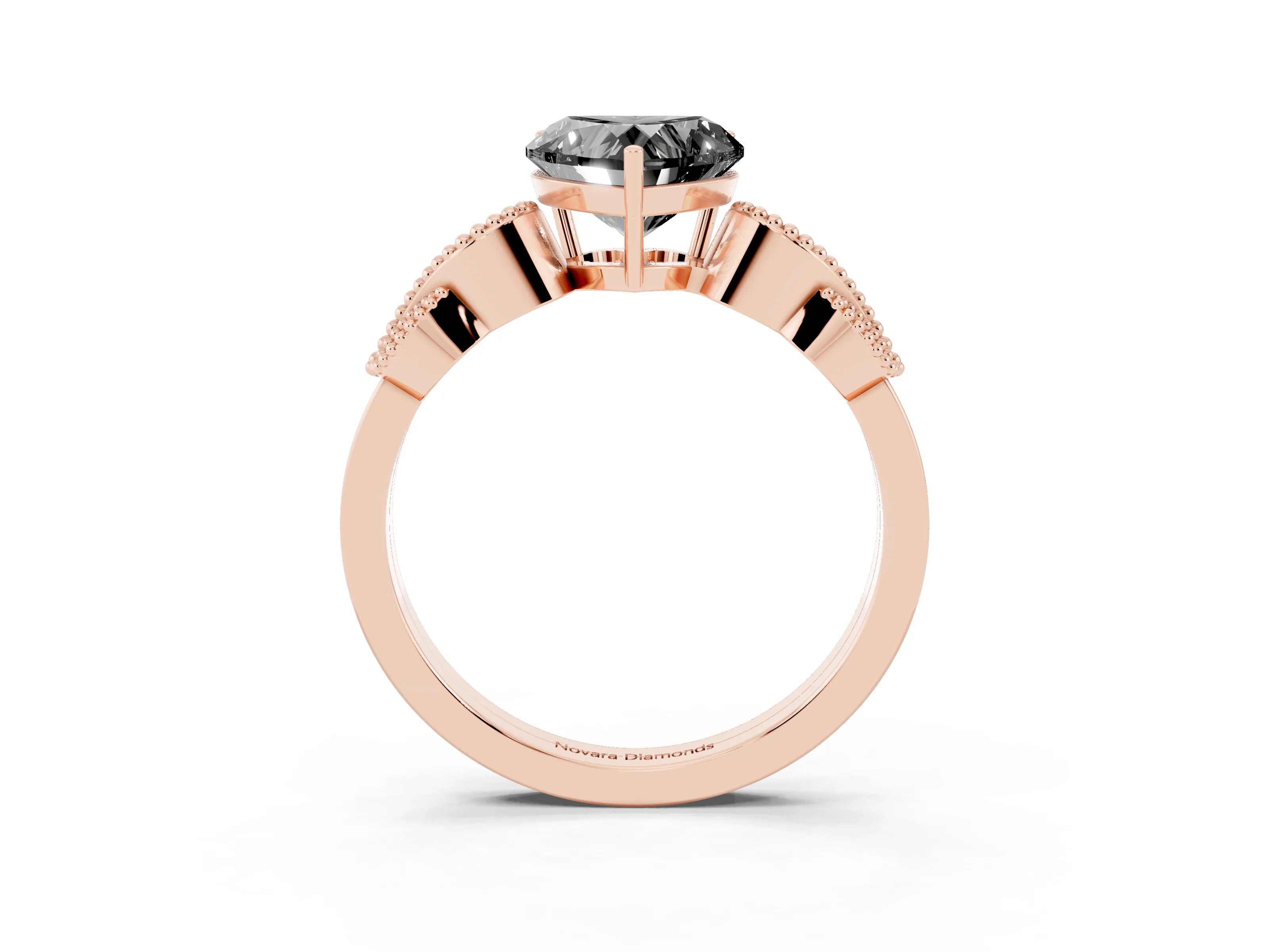 Fancy Black Heart Cut Diamond Milgrain Leaf Band Solitaire Ring Set in Rose gold with Accent Stones and Prong Setting