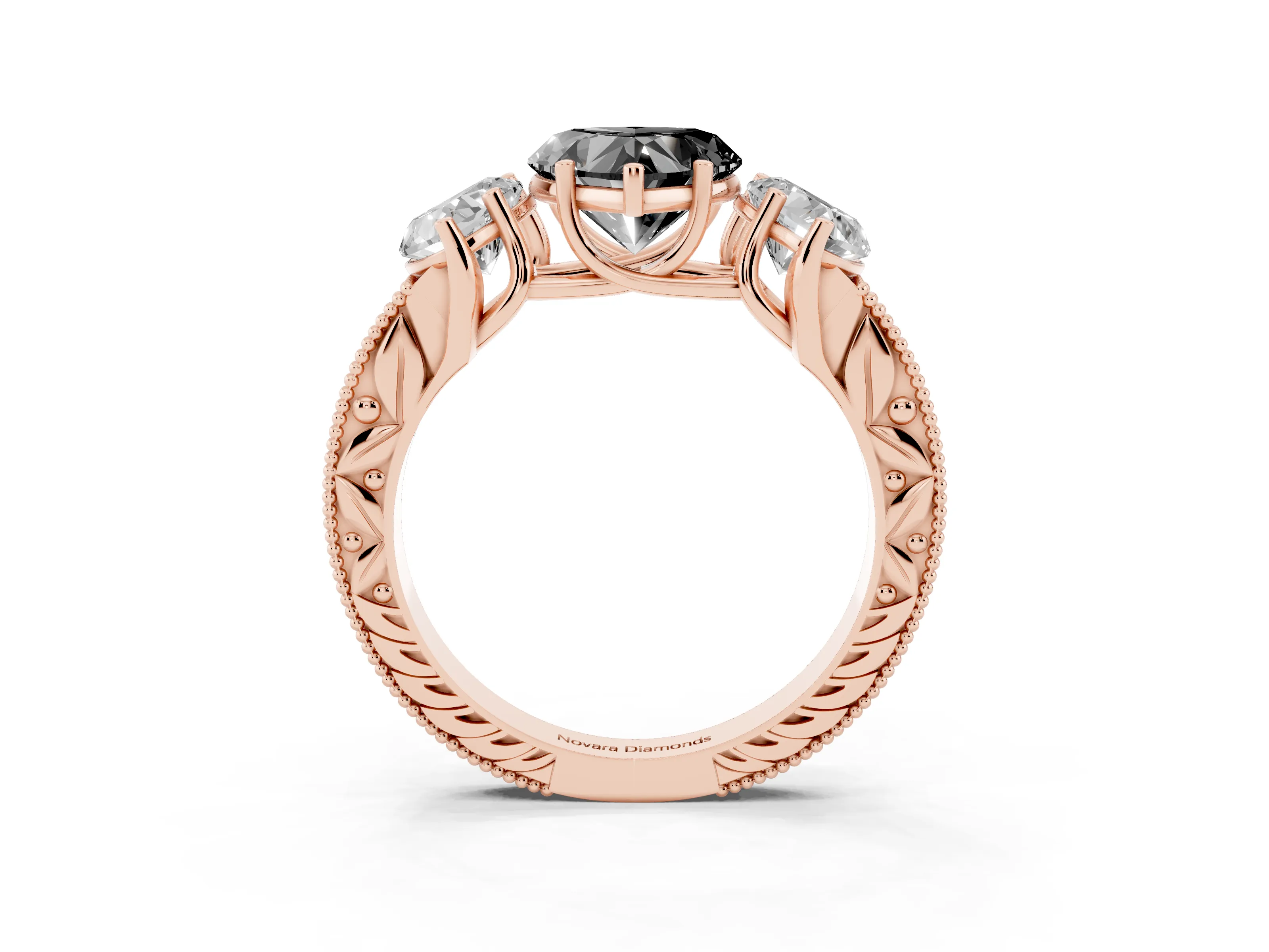 Fancy Black Heart Cut Diamond Three-Stone Engagement Ring Set in Rose gold with Milgrain Pavé Band