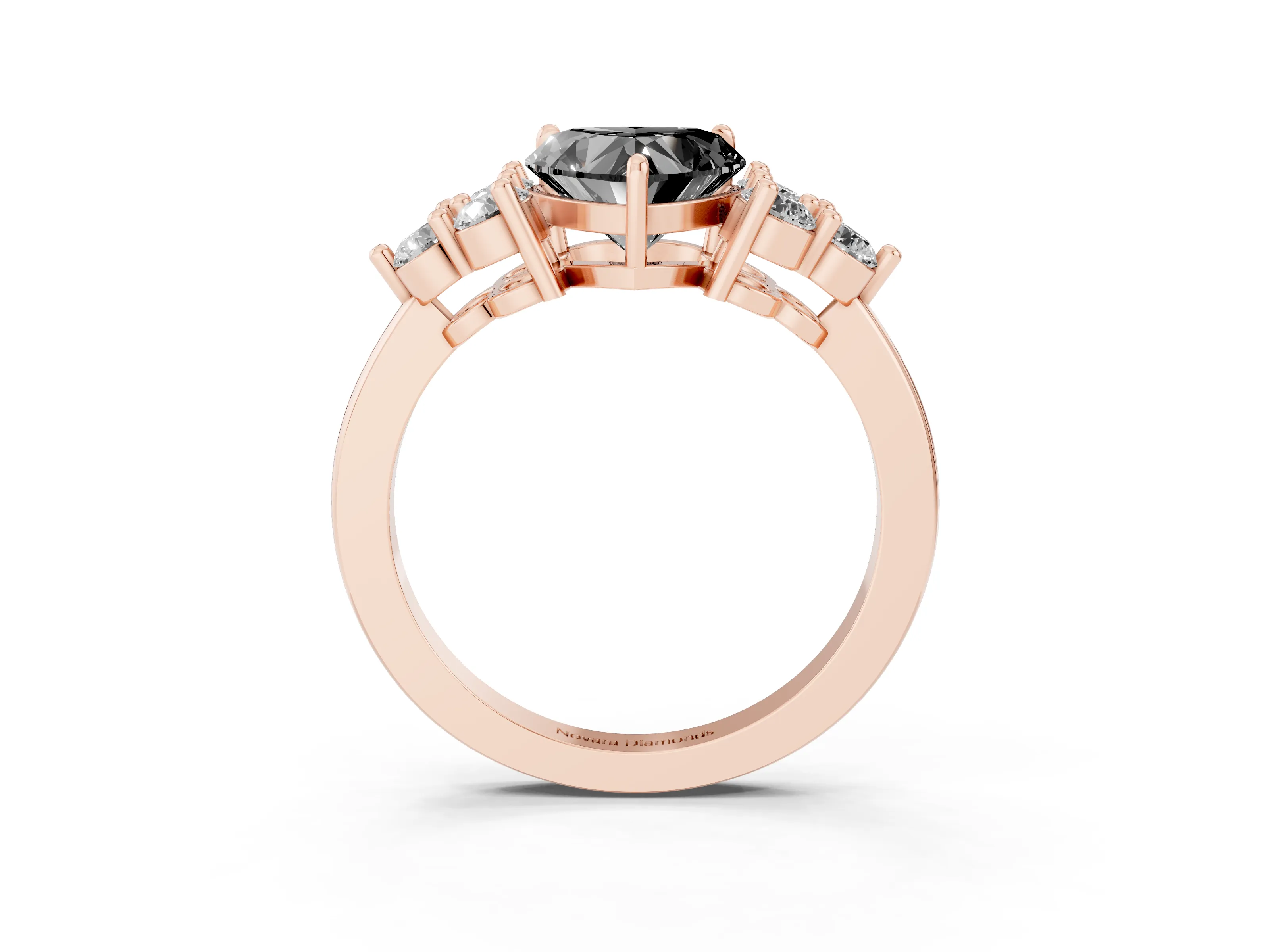 Fancy Black Heart Cut Diamond Solitaire Ring Set in Rose gold with Cluster Accents on Each Side