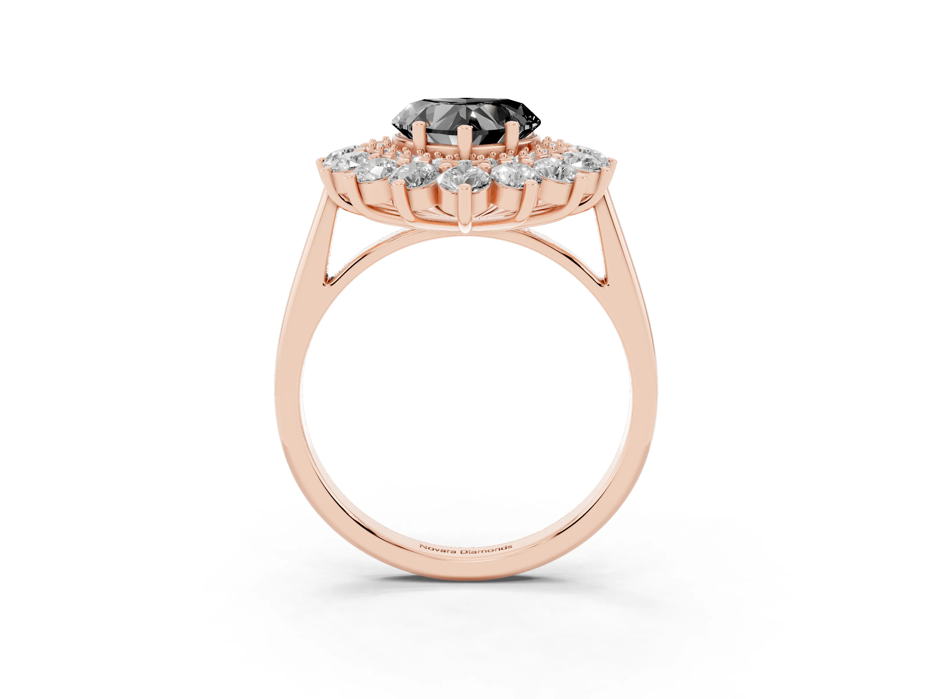 Fancy Black Heart Cut Diamond Floral Double Halo Ring Set in Rose gold with Round Petals