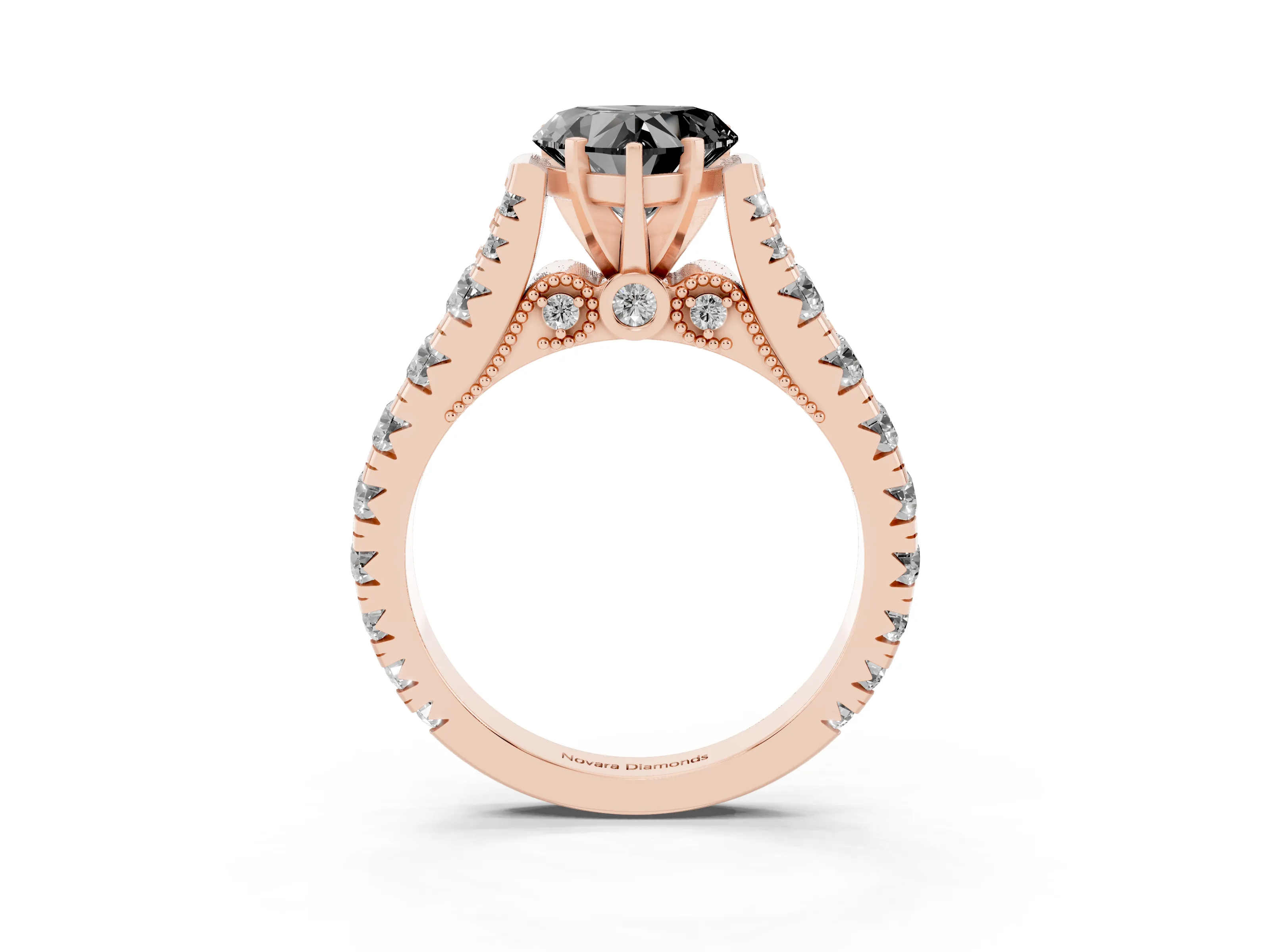 Fancy Black Heart Cut Diamond Classic Solitaire Ring Set in Rose gold with Pavé Band and Prong Setting